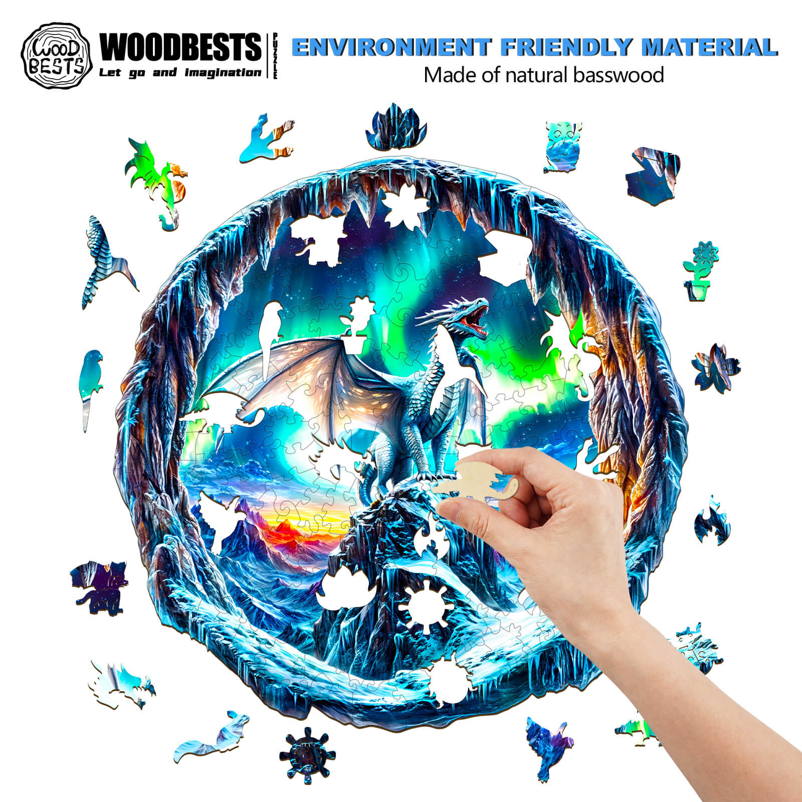 Hand assembling a 3D wooden jigsaw puzzle of a frost dragon under the aurora borealis, showcasing vibrant colors.