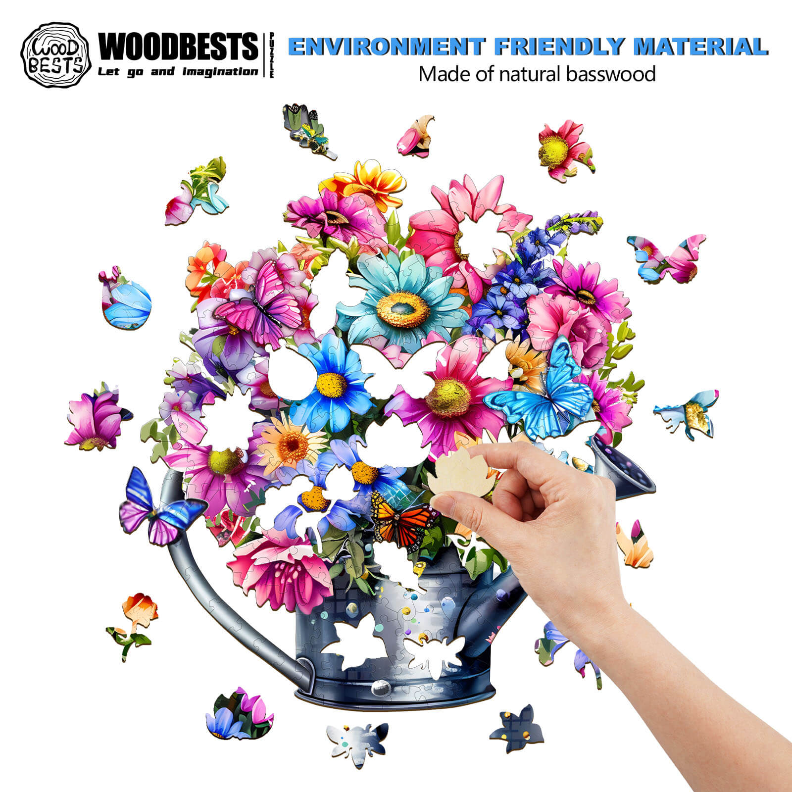 Person assembling a Beautiful Flower Wooden Jigsaw Puzzle featuring colorful flowers and butterflies in a watering can.