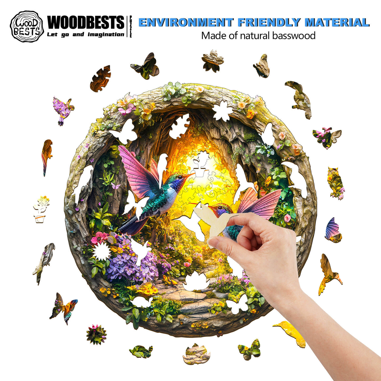 Person assembling 3D Hummingbird in the Cave wooden jigsaw puzzle with vibrant colors and eco-friendly materials.