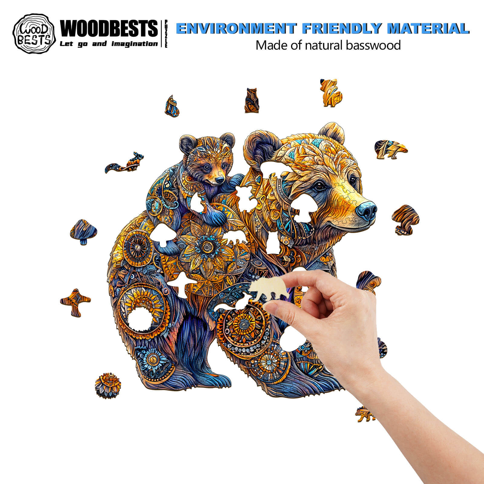 Mother Bear Wooden Jigsaw Puzzle featuring colorful bears made from natural basswood for an engaging mind game.