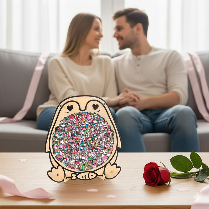 Cute Lover Penguin Shaped Wooden Jigsaw Puzzle