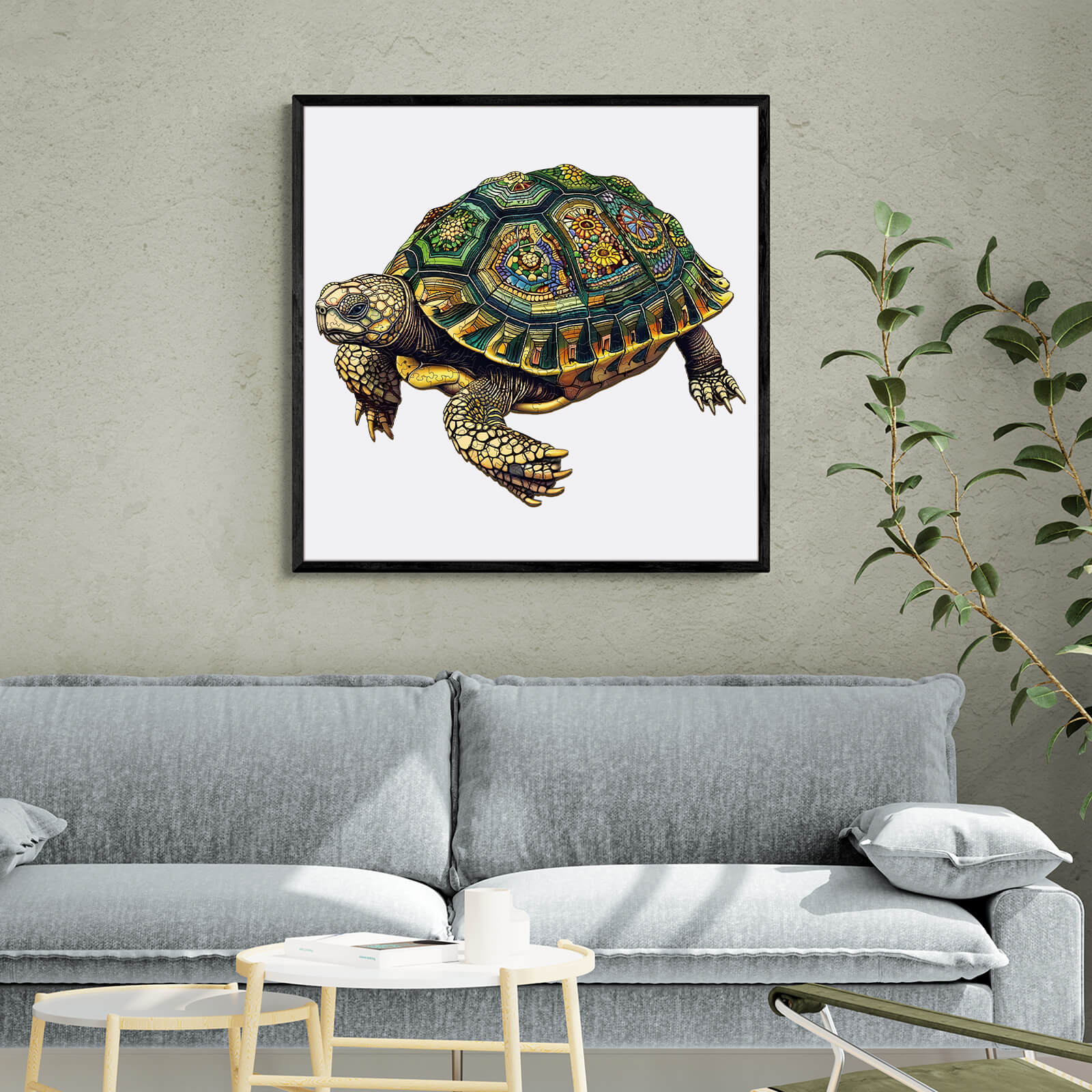 Wise Turtle wooden jigsaw puzzle displayed on a wall above a modern couch, promoting focus and problem-solving.