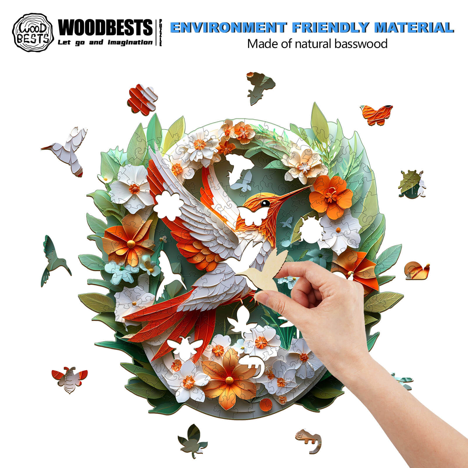3D colored paper hummingbird puzzle made of natural basswood, showcasing vibrant flowers and intricate design.
