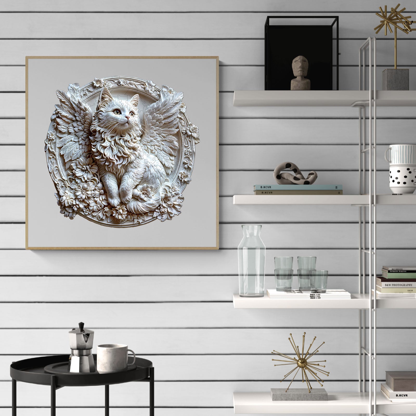 3D angel cat wooden jigsaw puzzle displayed on a wall, enhancing focus and creativity through puzzle solving.