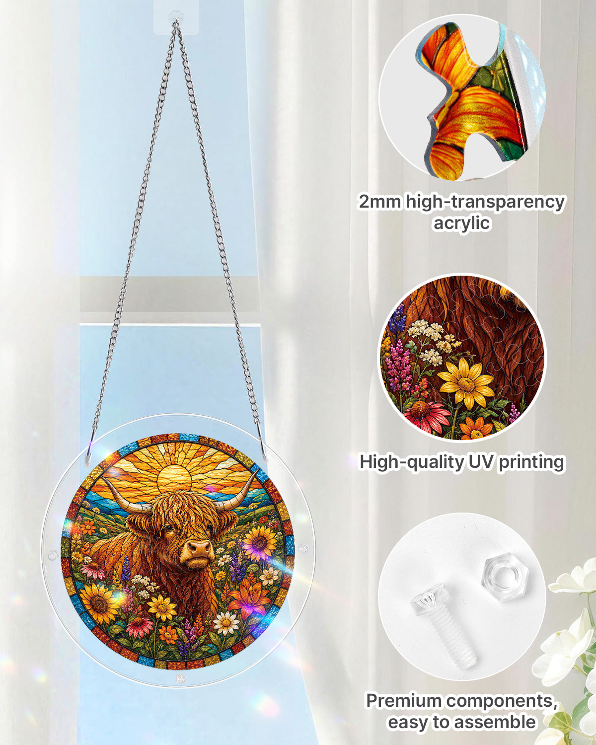 Acrylic Jigsaw Puzzle Suncatcher - Blooming Highland Cow