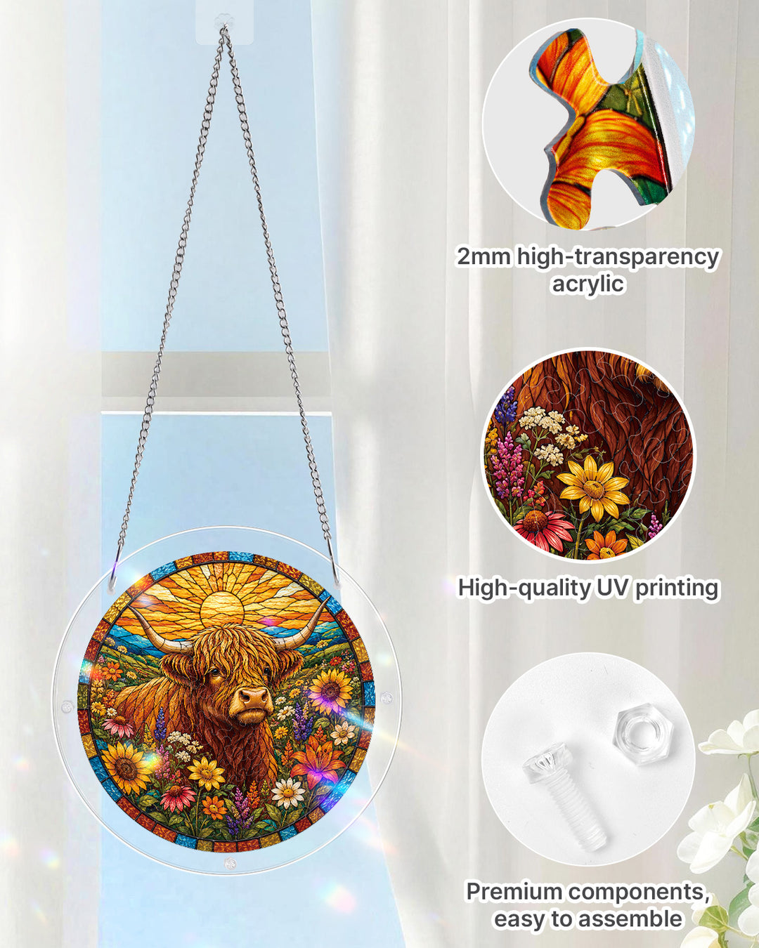 Acrylic Jigsaw Puzzle Suncatcher - Blooming Highland Cow