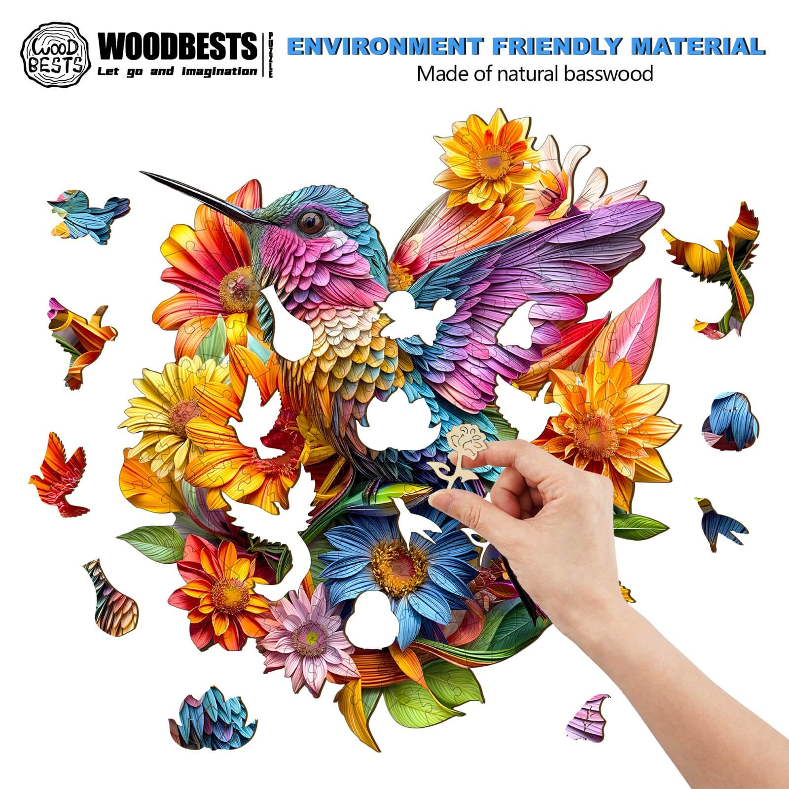 Colorful wooden jigsaw puzzle of a hummingbird among flowers, showcasing eco-friendly natural basswood material.
