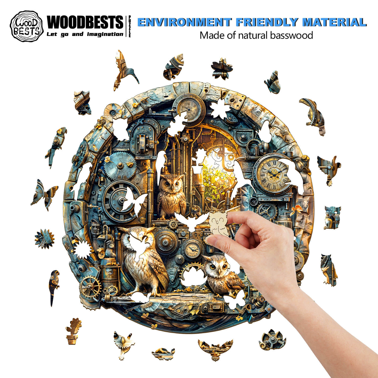 Person assembling a Steampunk Owl wooden jigsaw puzzle made of natural basswood, showcasing detailed steampunk design.
