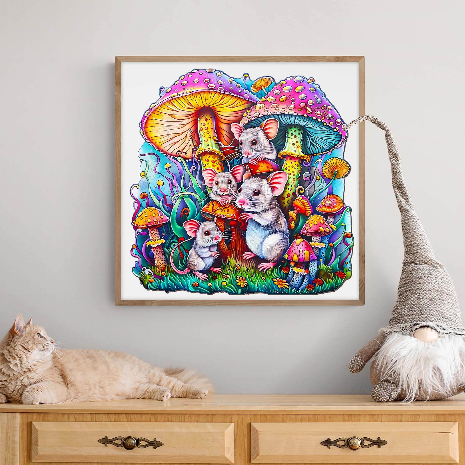 Colorful Mouse Family wooden jigsaw puzzle illustration with vibrant mushrooms, perfect for enhancing focus and cognitive skills.