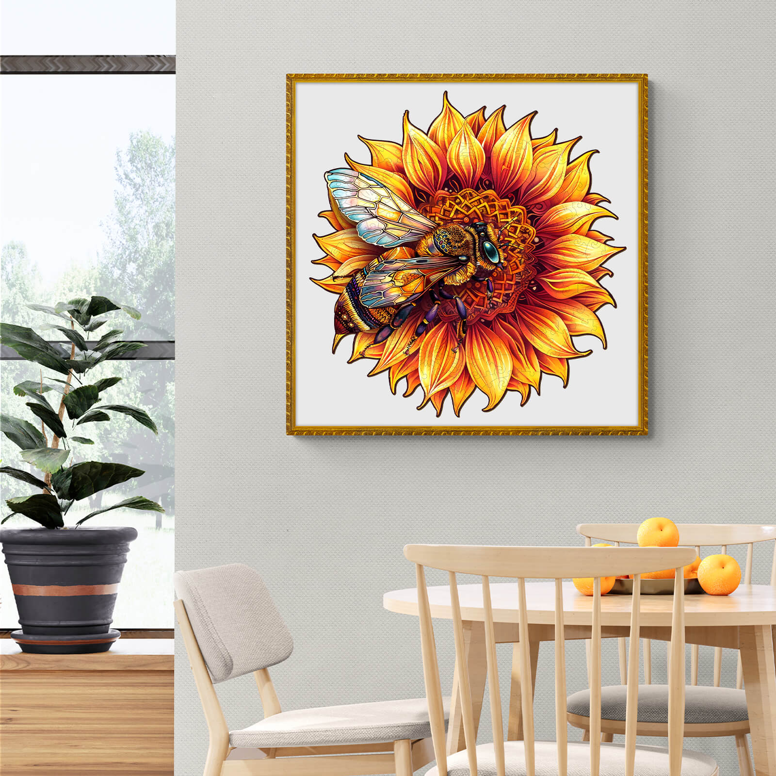 Vibrant bee and sunflower artwork in a modern interior, perfect for puzzle lovers and nature enthusiasts.