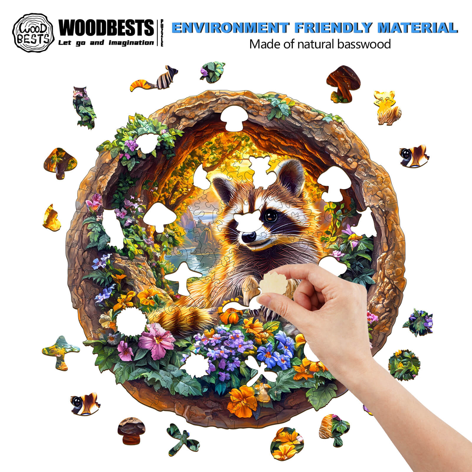 3D Raccoon on Vacation wooden jigsaw puzzle with colorful pieces being assembled, made from natural basswood.