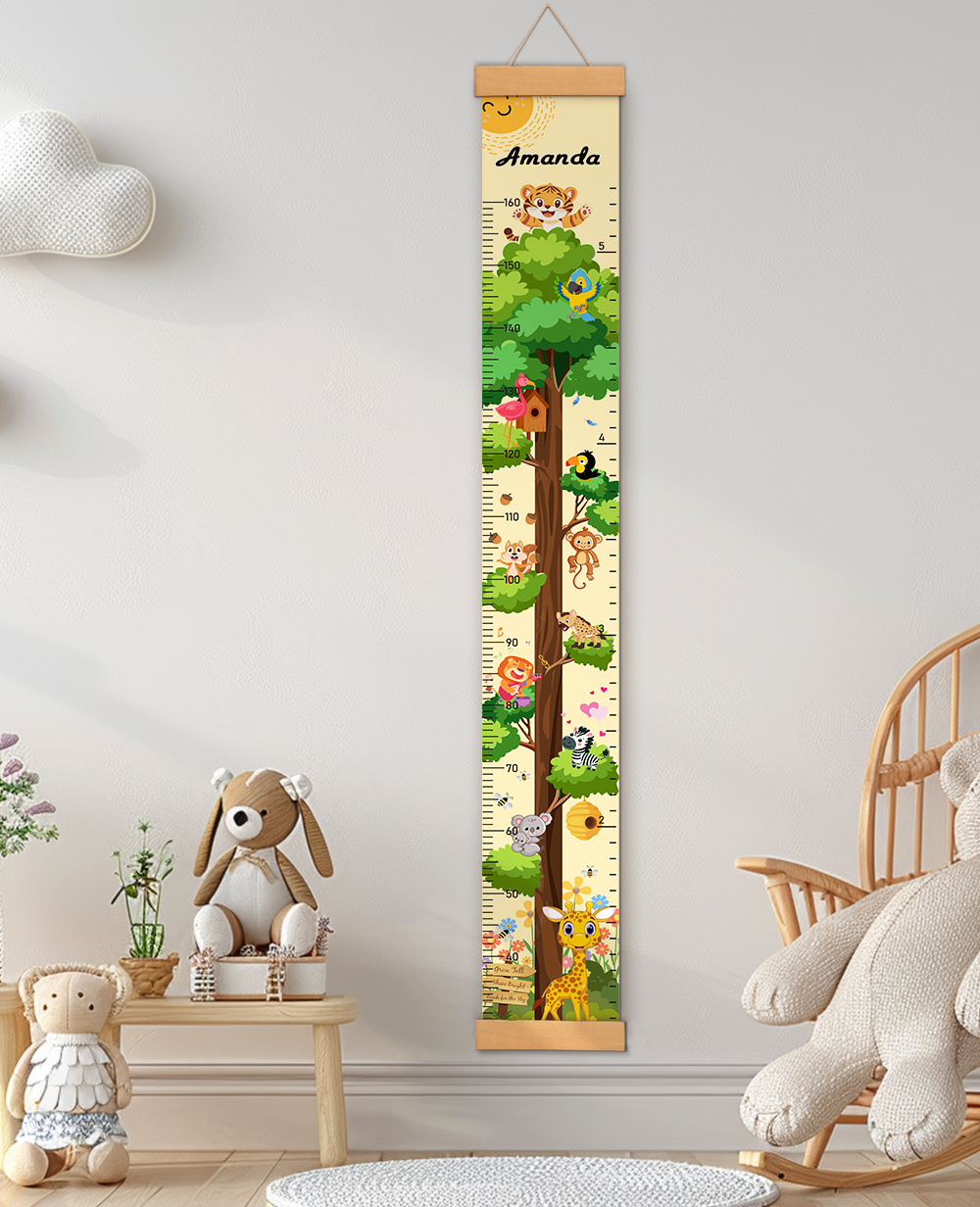 Personalized Painted Trees and Animals Hanging Canvas Height Ruler
