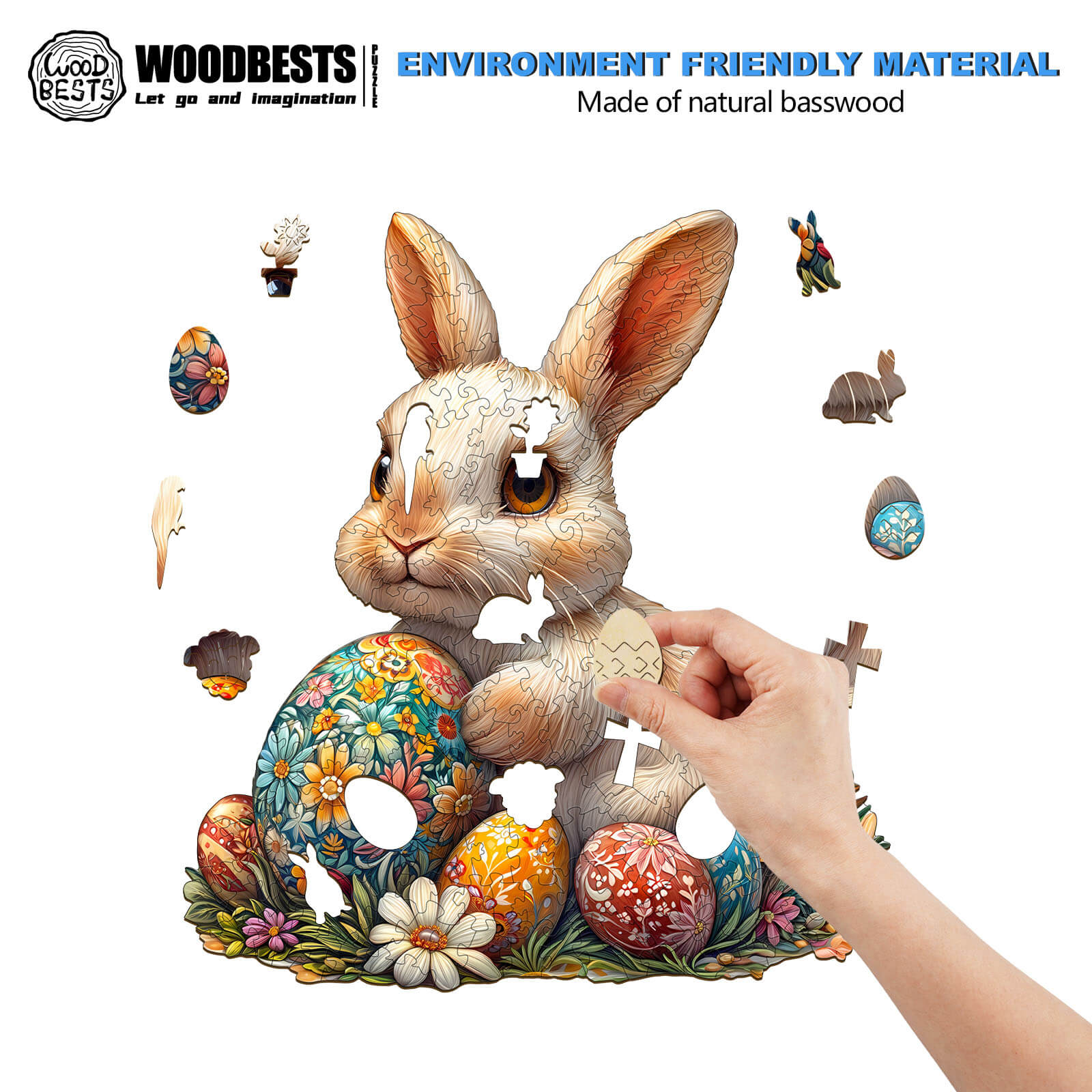 3D Easter Bunny jigsaw puzzle with floral-patterned eggs made of natural basswood, perfect for spring celebrations.