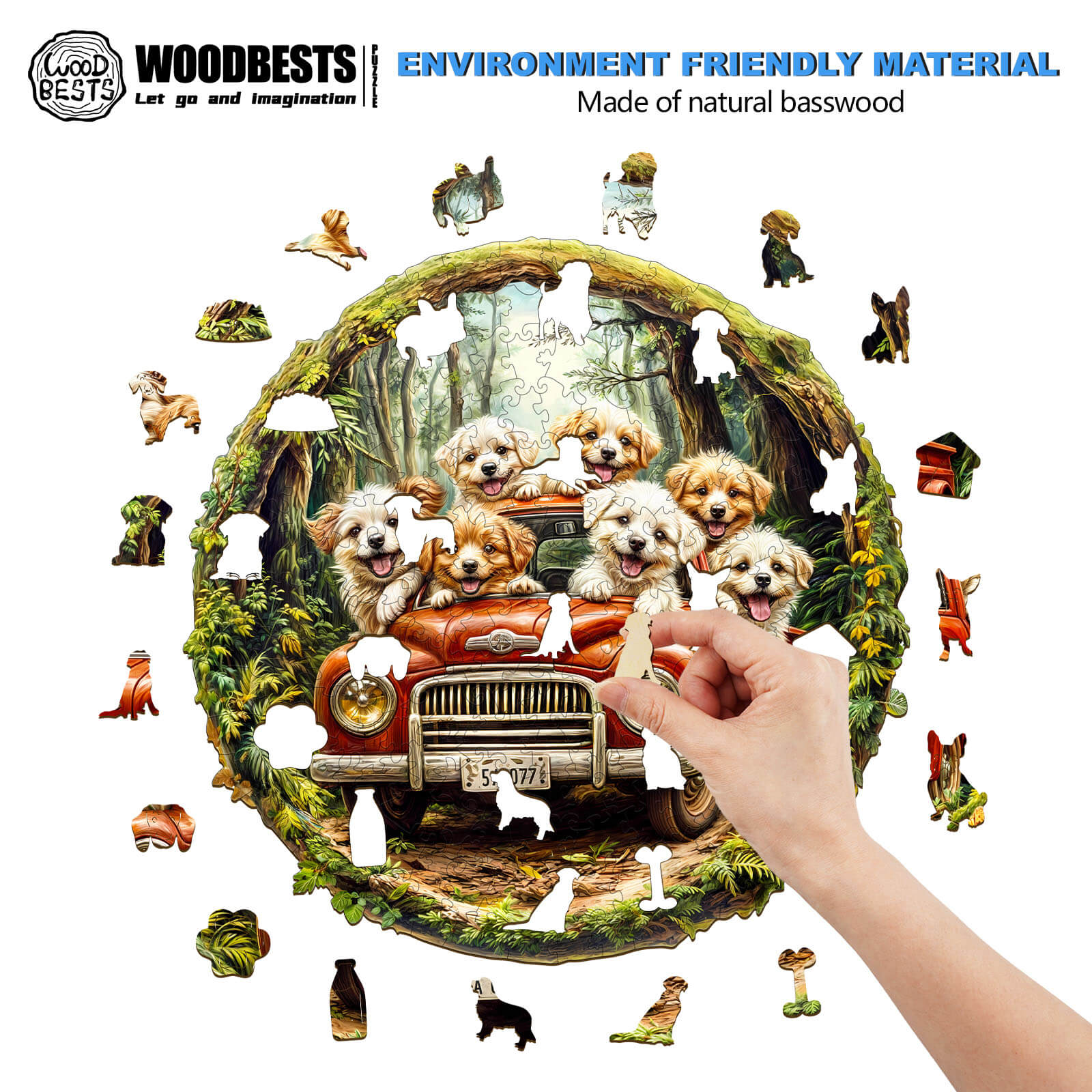A hand assembling a colorful jigsaw puzzle featuring playful puppies around a vintage truck, made of eco-friendly basswood.