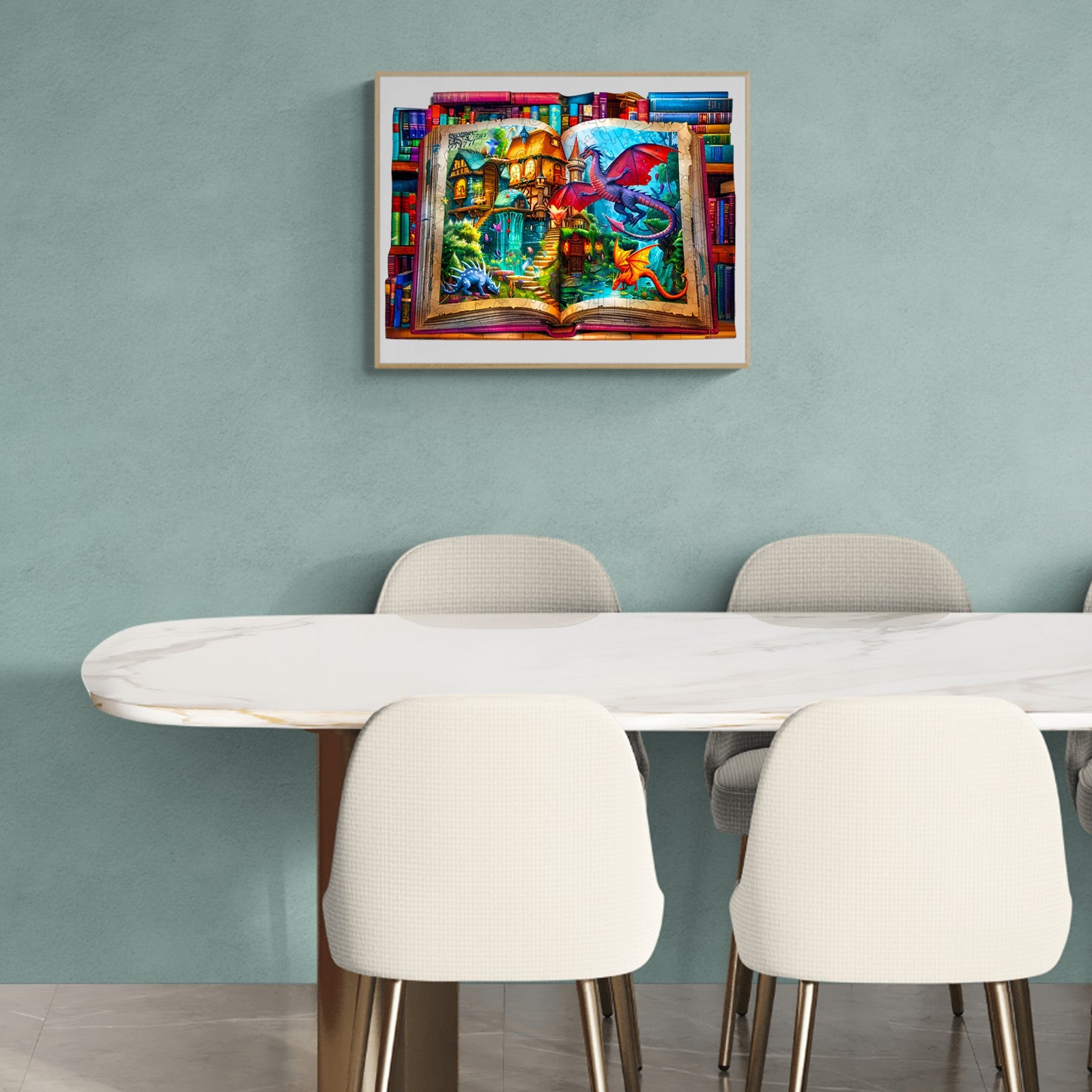 Colorful fantasy book artwork featuring a dragon, above a modern dining table in a stylish setting.