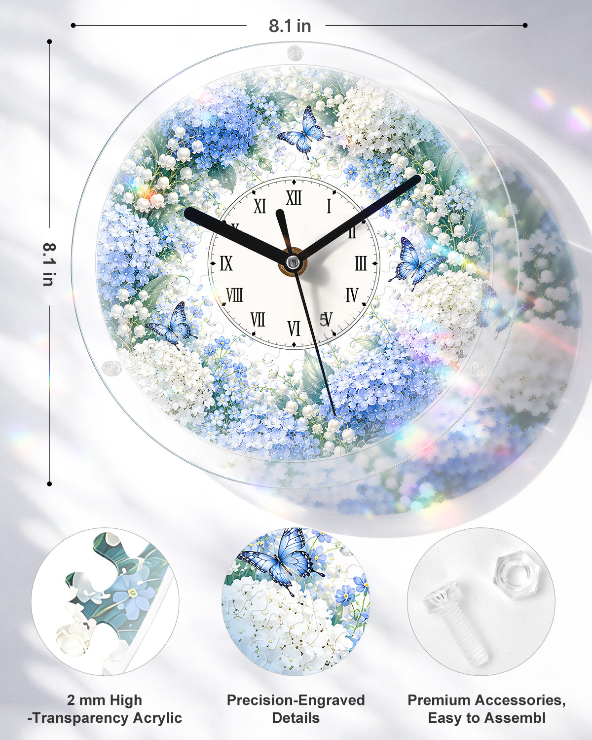 DIY Acrylpuzzle-Uhr Bausatz - Blauer Hortensiengarten