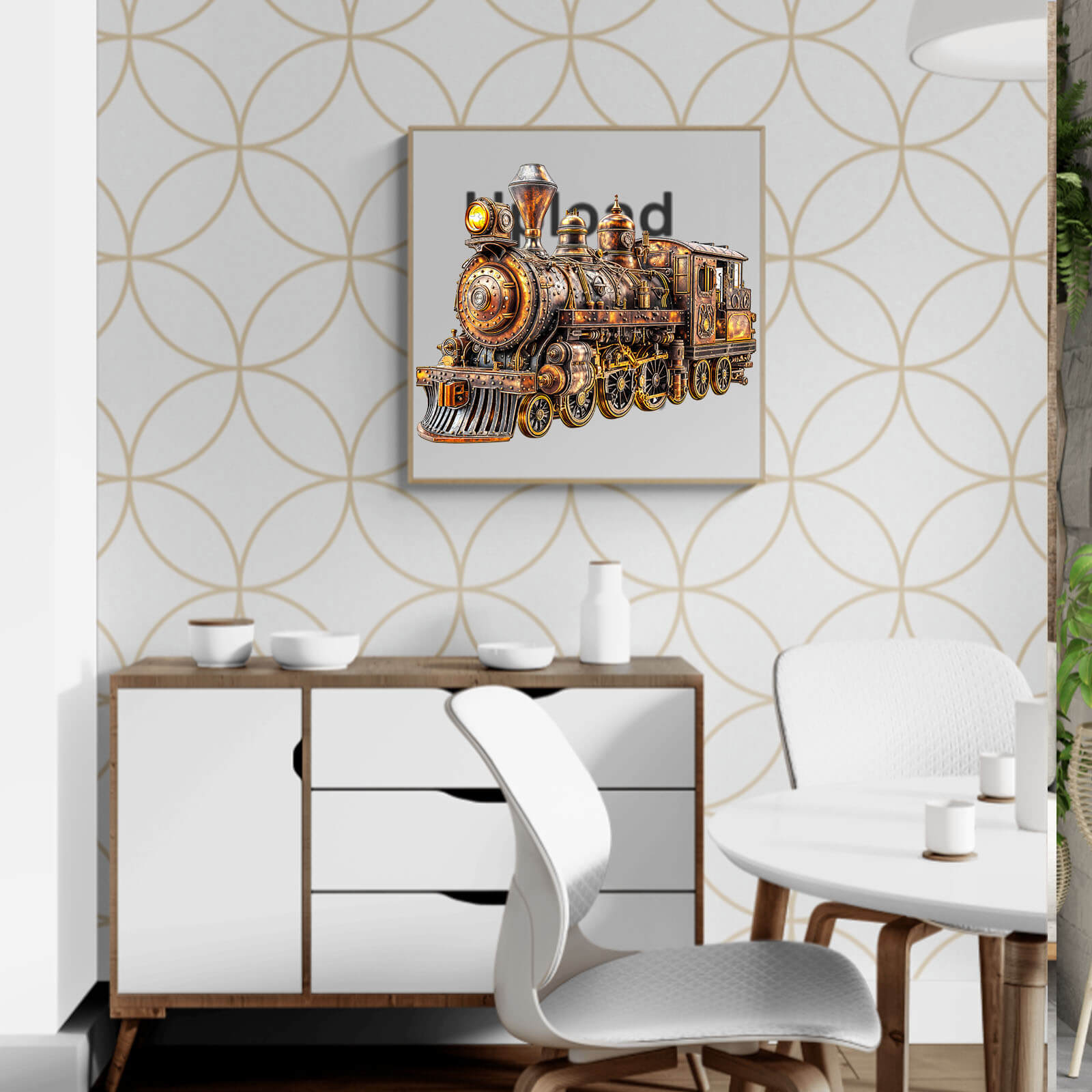 3D Mechanical Steam Train Wooden Jigsaw Puzzle art displayed on a modern wall in a stylish interior setting.