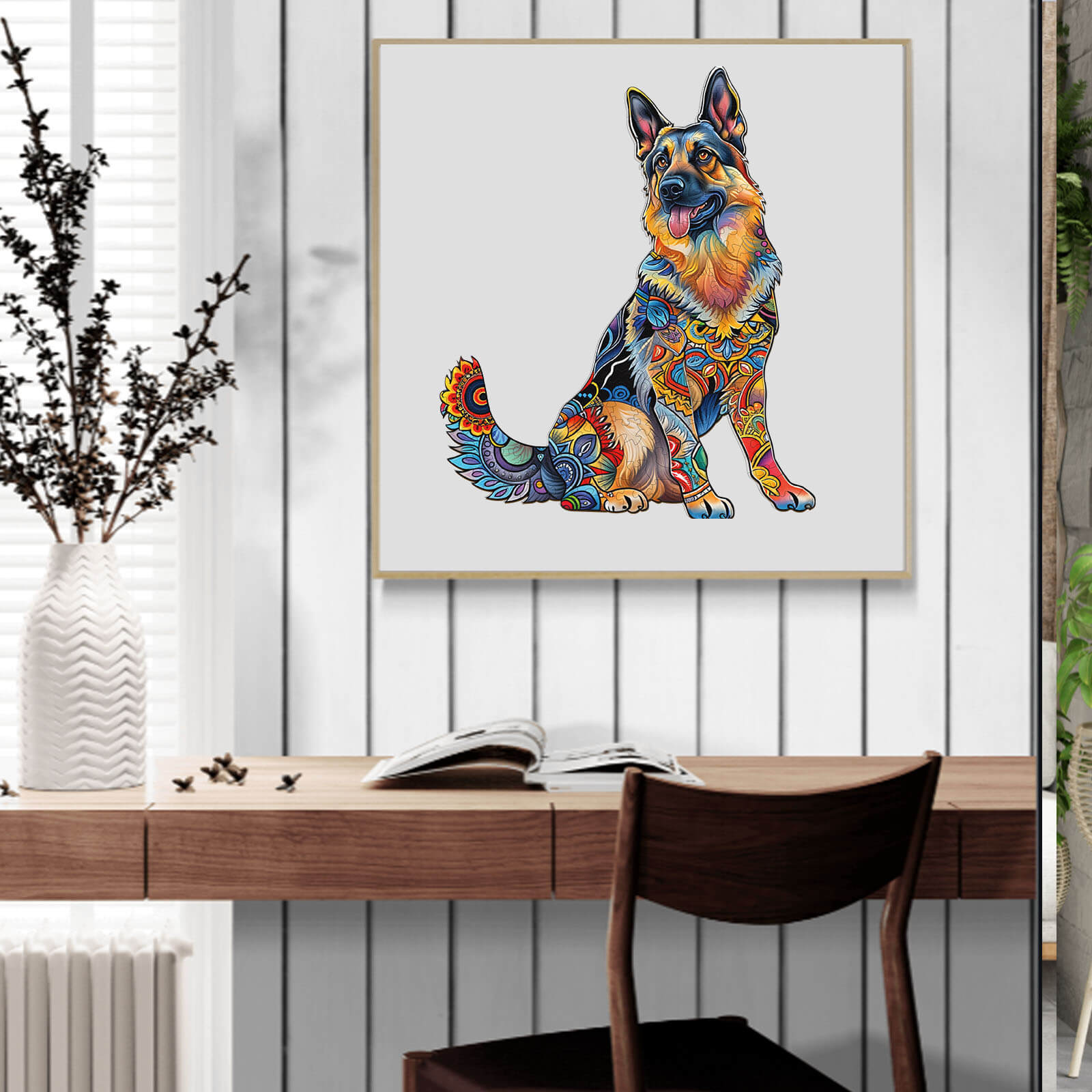 Colorful German Shepherd art piece displayed in a modern interior, showcasing its vibrant design and charm.