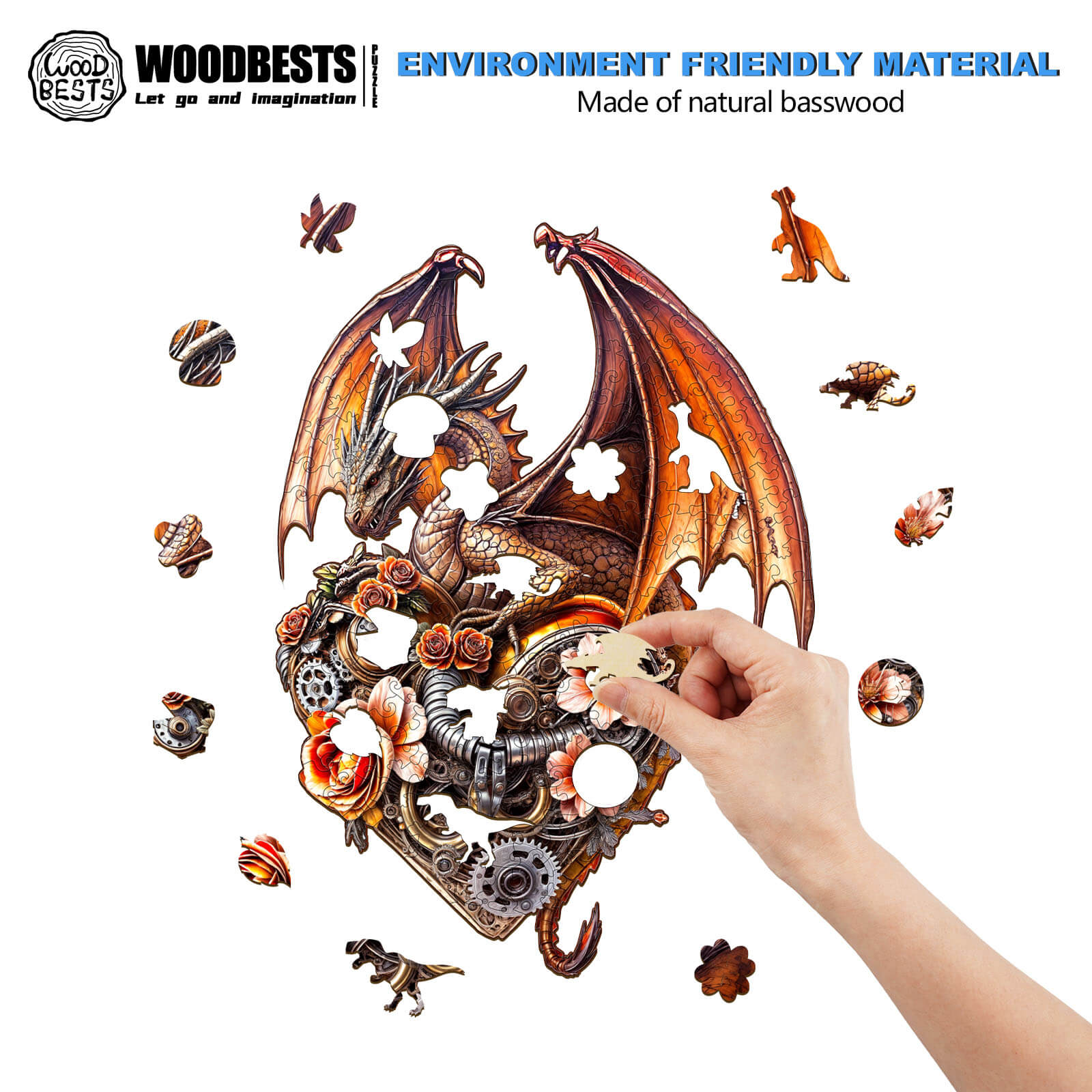 Hand placing a piece in the Dragon Heart Machina wooden jigsaw puzzle, featuring intricate dragon designs.