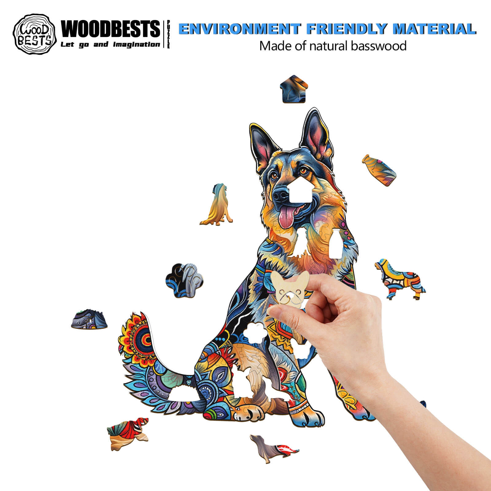 Handsome German Shepherd wooden jigsaw puzzle, eco-friendly design, enhances focus and cognitive skills during play.