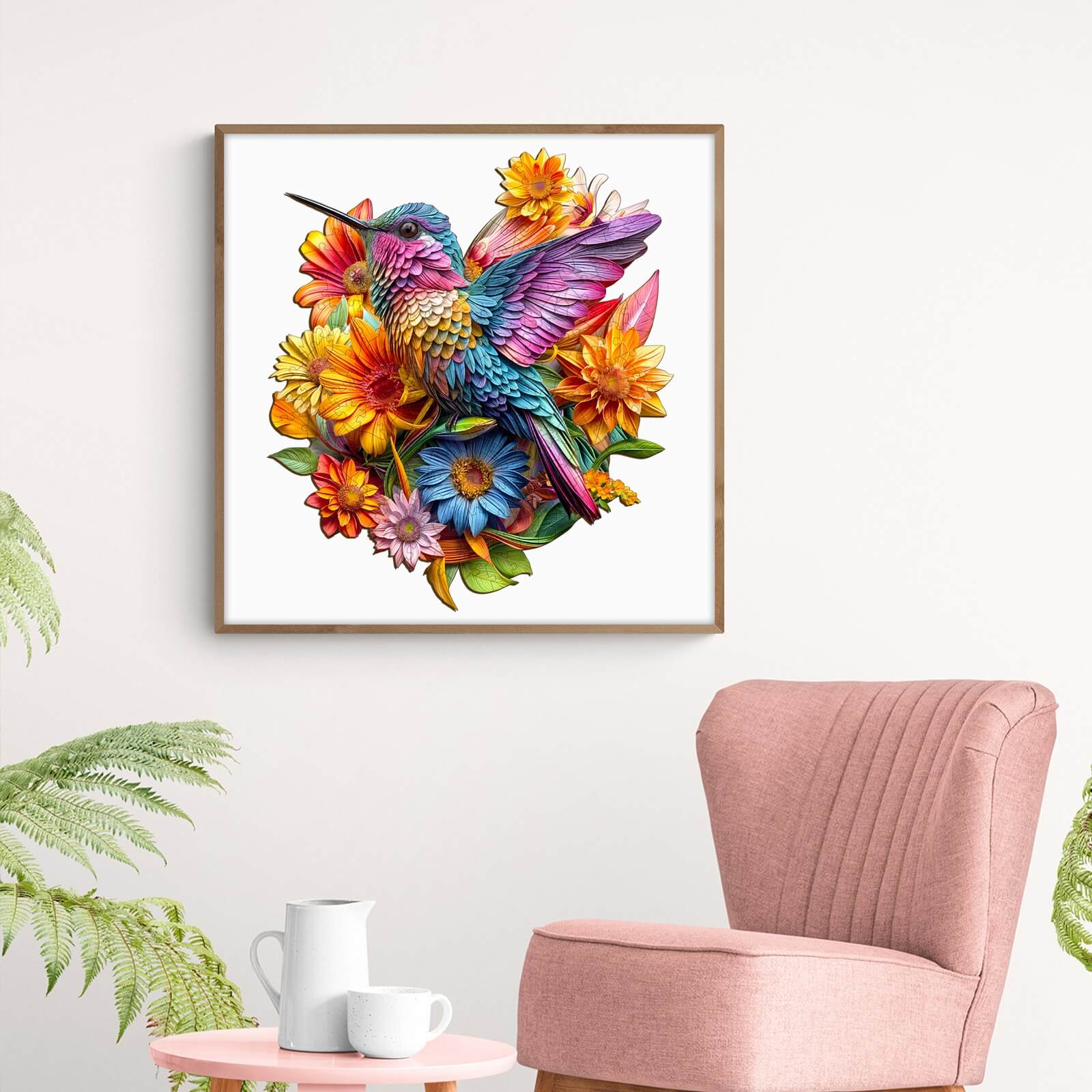 Colorful hummingbird surrounded by vibrant flowers, showcasing a lively decor style and artistic puzzle inspiration.