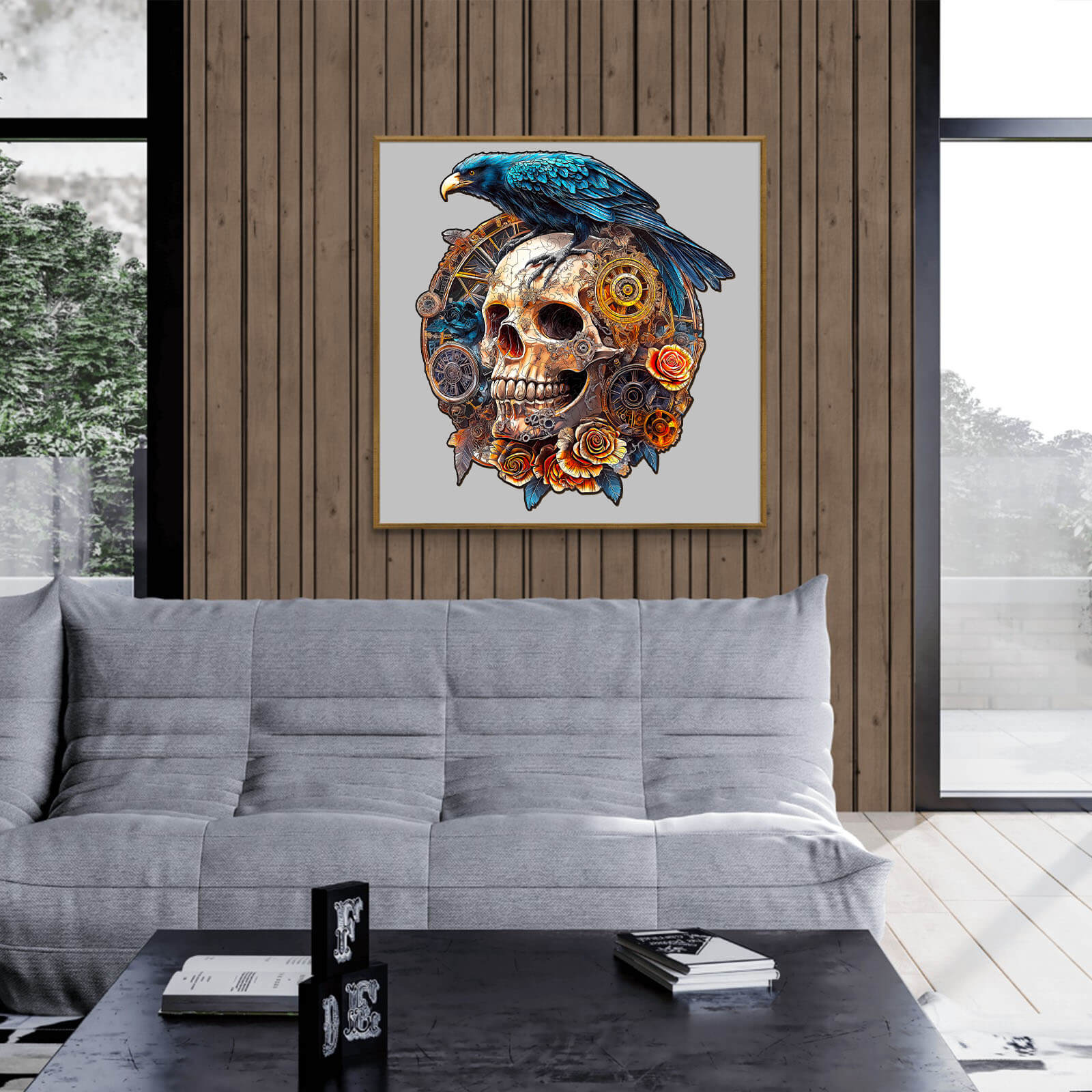 3D Mechanical Skull & Raven artwork displayed in modern living room, showcasing intricate details and vibrant colors.