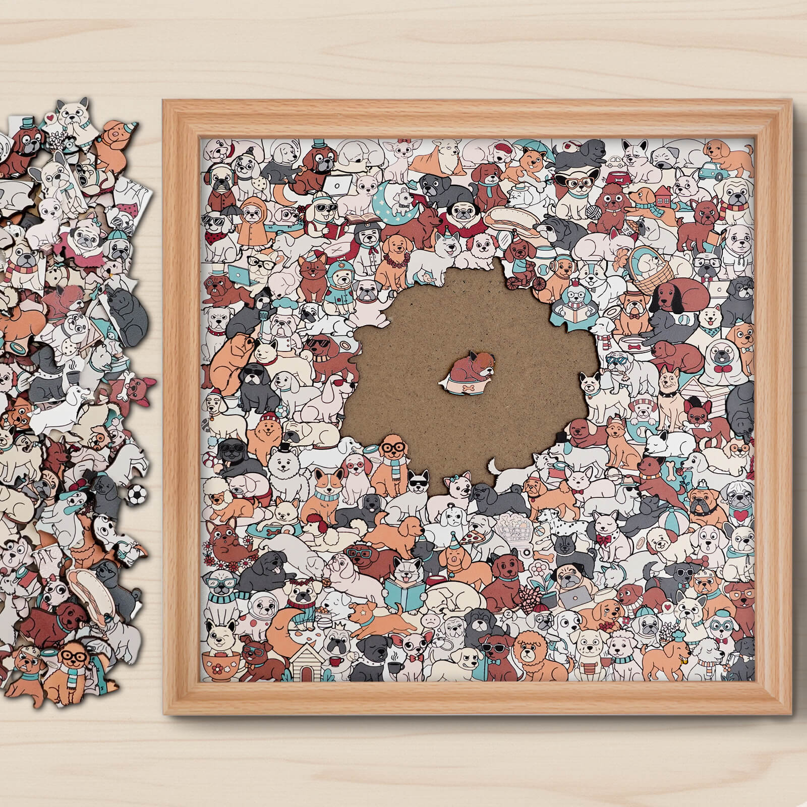 Puzzle carré en bois 195 pièces couleur Morandi en forme de chien mignon