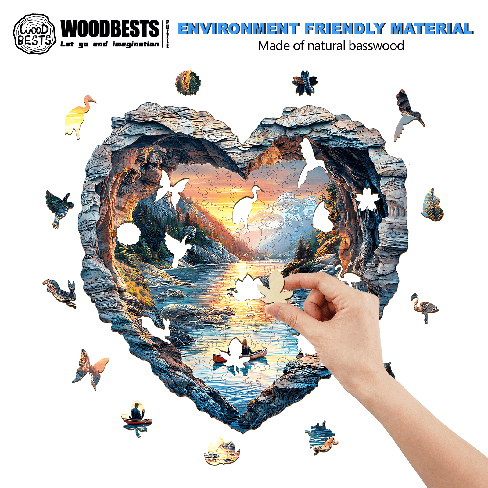 3D Lake Louise wooden jigsaw puzzle heart shape, made from natural basswood, engaging mind game for focus and smarter thinking.