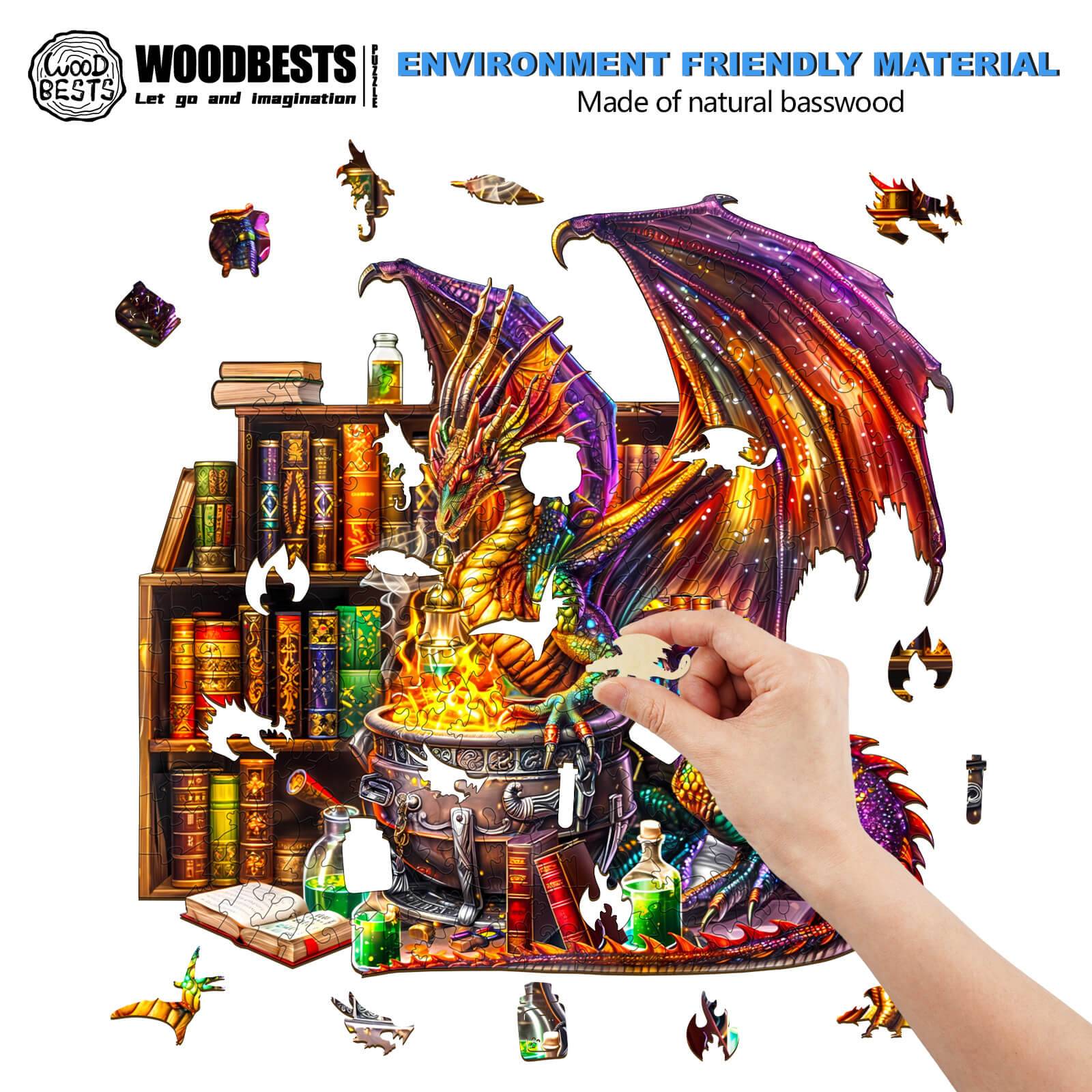 Dragon Magic Potion Wooden Jigsaw Puzzle with a gold-scaled dragon and bubbling cauldron among magical artifacts.