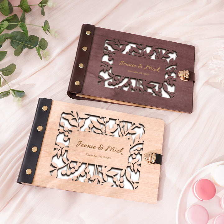 Wooden Photo Album with Carved Flowers and Engraved Names