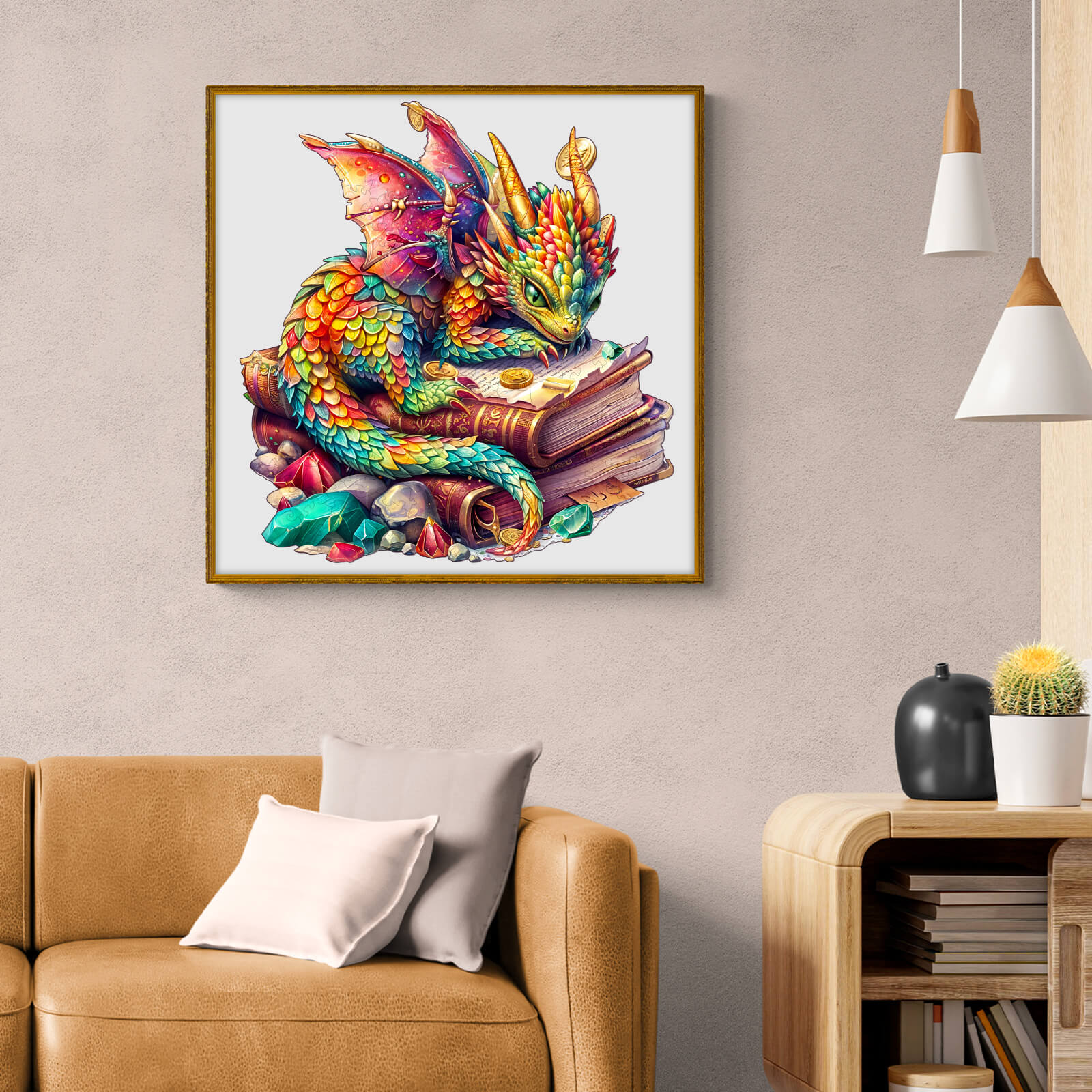 Colorful Jeweled Dragon puzzle artwork on wall above a cozy couch, perfect for puzzle lovers and home decor.