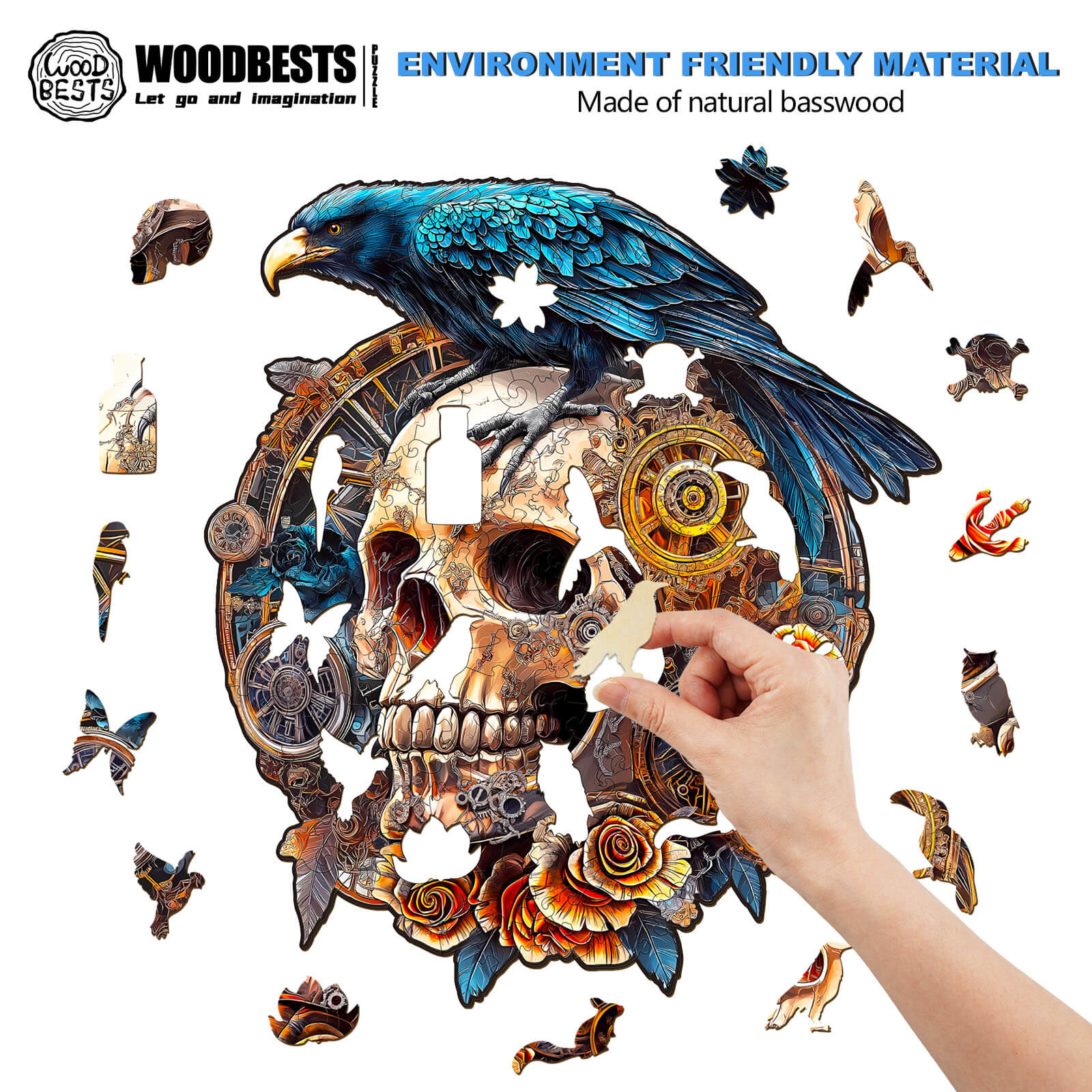 3D Mechanical Skull & Raven Wooden Jigsaw Puzzle made of natural basswood, featuring intricate design and puzzle-solving enjoyment.