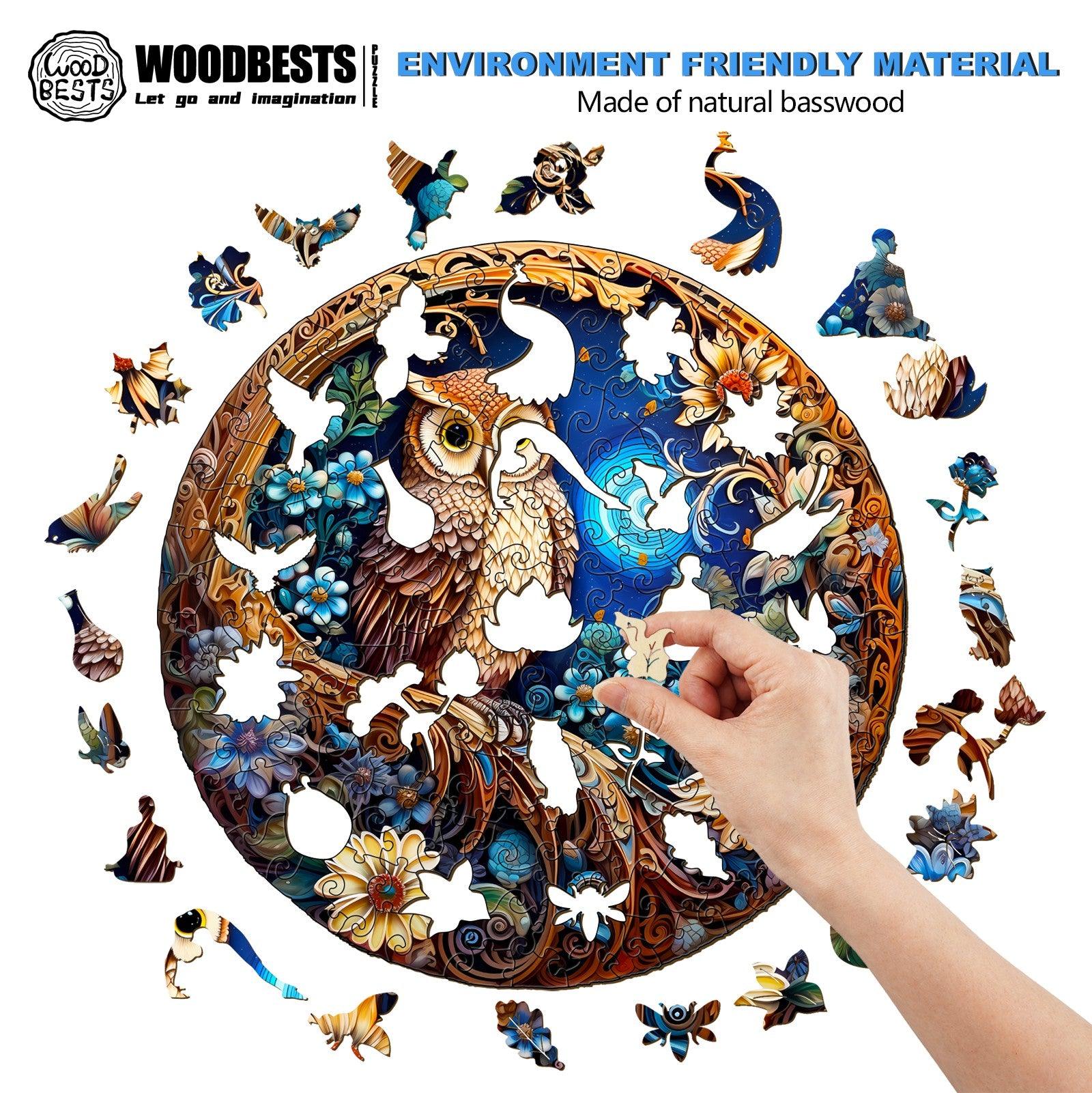 Person assembling a colorful Moonlight Owl wooden jigsaw puzzle made of eco-friendly basswood.