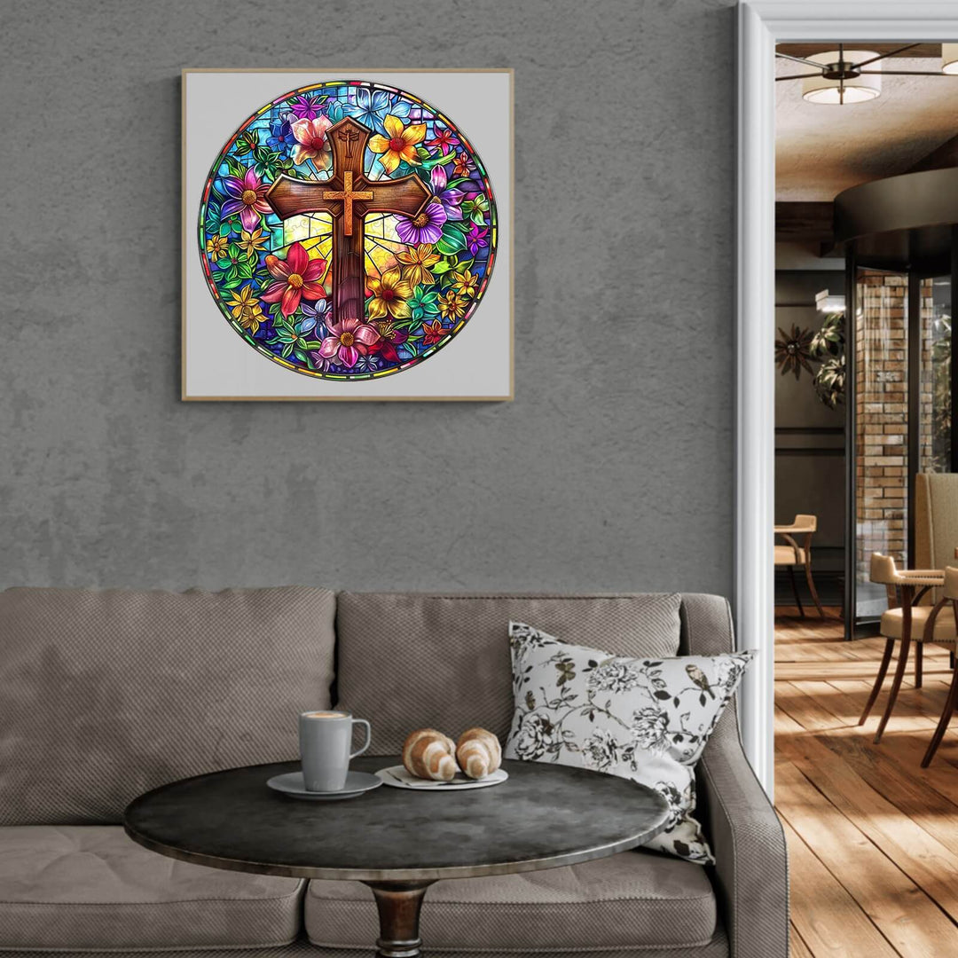 Stained Glass Cross Wooden Jigsaw Puzzle