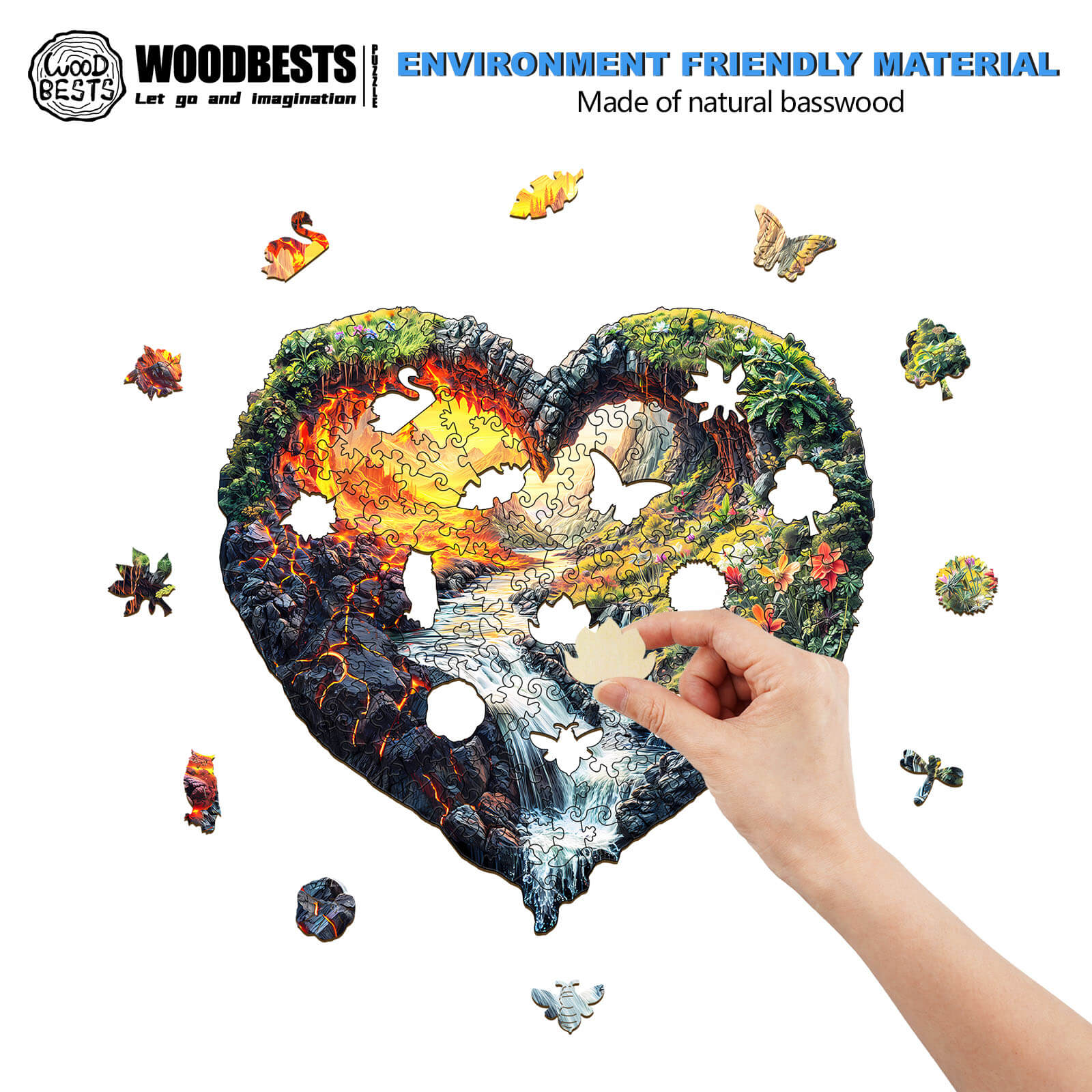 ETERNAL FLOW wooden jigsaw puzzle with vibrant nature design, hand placing piece. Eco-friendly, made of natural basswood.