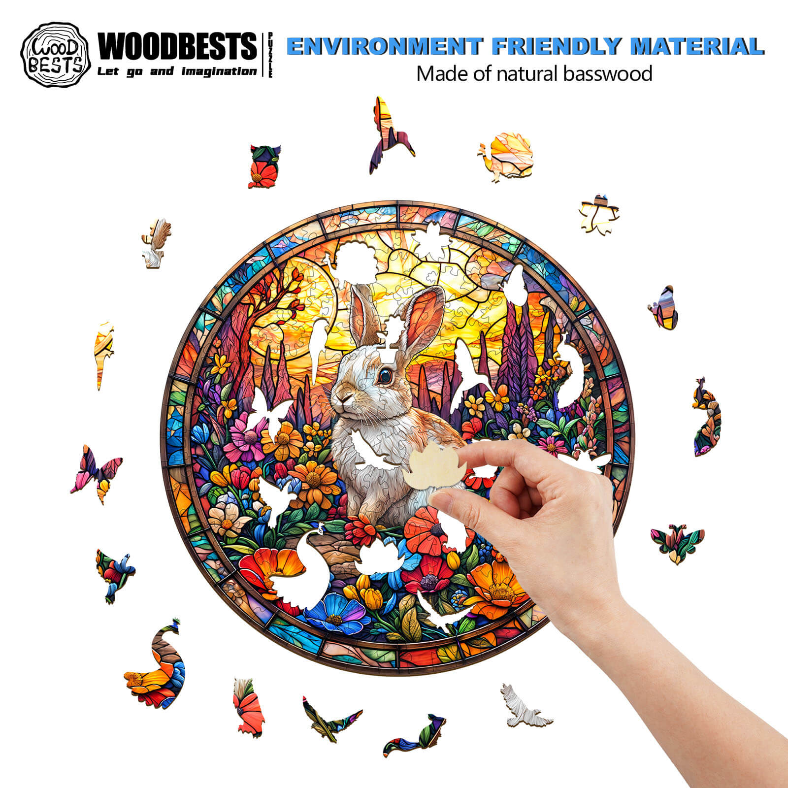 Wooden jigsaw puzzle featuring a rabbit in a flower field, showcasing vibrant colors and eco-friendly materials.