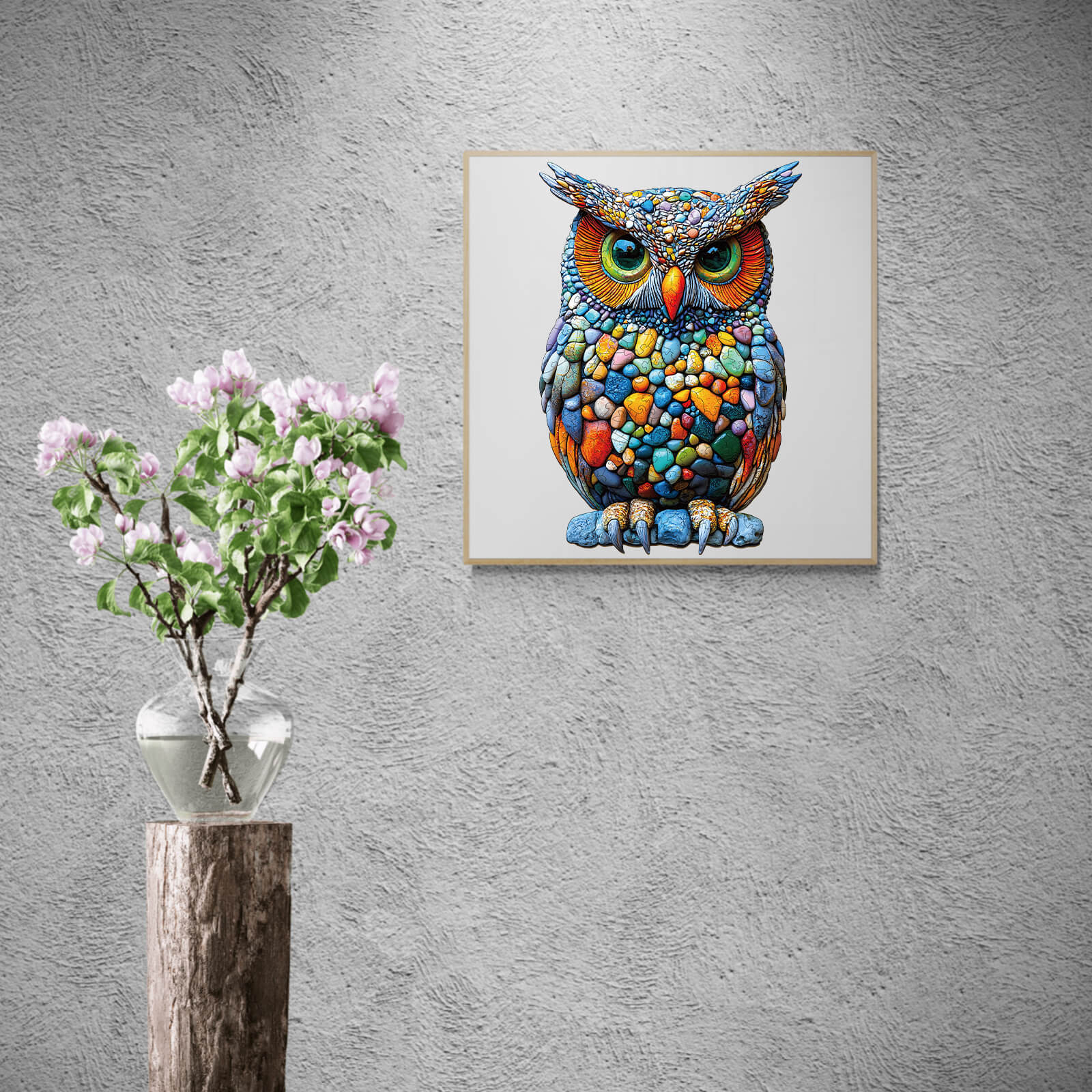 Colorful Stone Owl wooden jigsaw puzzle displayed on wall with flowers in vase, promoting focus and intelligence.