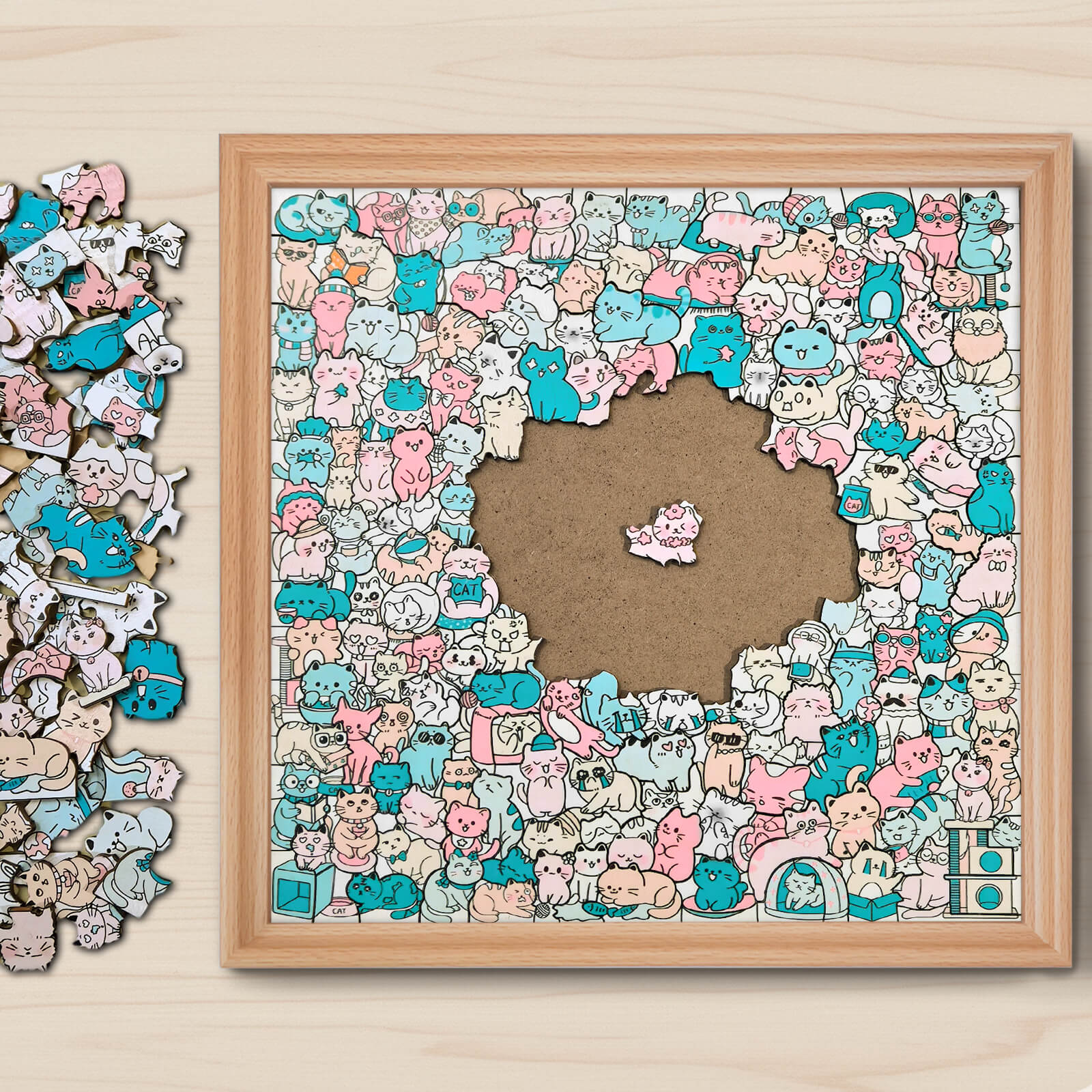 Puzzle carré en bois 200 pièces couleur Morandi en forme de chat adorable