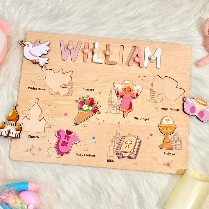 Personalized Wooden Name Puzzle - Baptism Girl Set for Toddlers