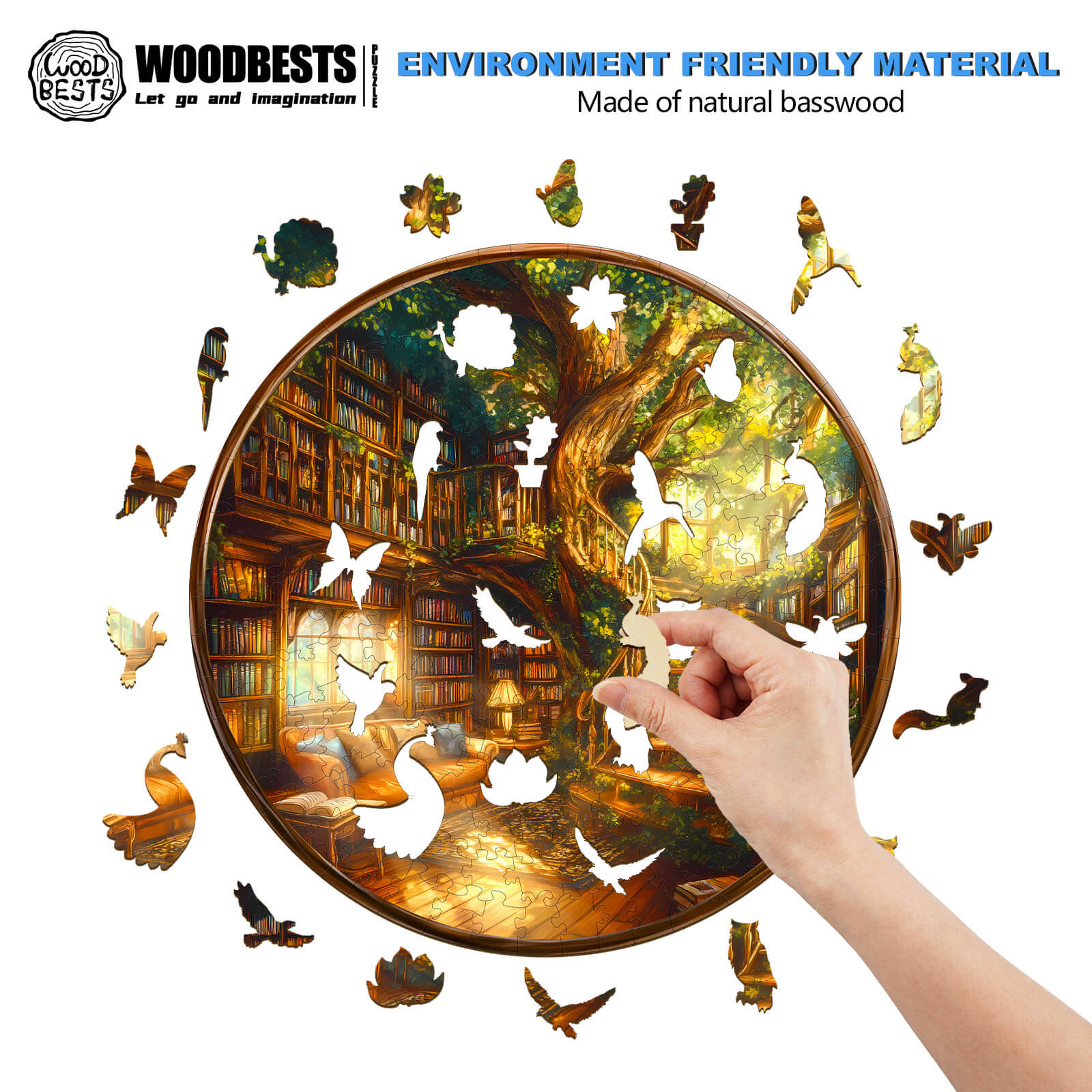 Person assembling Charming Bookstore wooden jigsaw puzzle made from natural basswood.