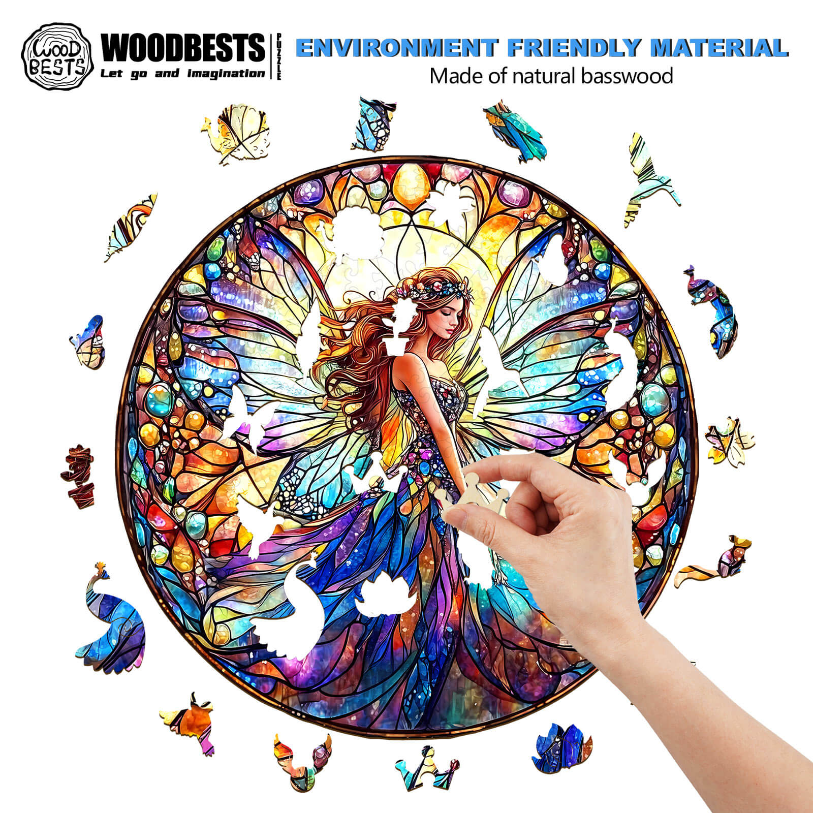 Stained Glass Fairy wooden jigsaw puzzle, featuring colorful design, made from natural basswood, perfect for brain teasers.