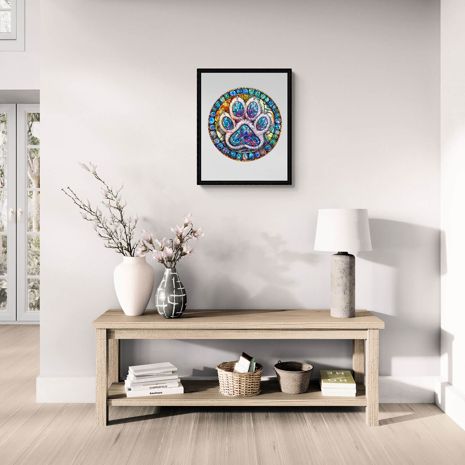 Stained glass paw prints puzzle artwork displayed in a modern living room with decor and furniture.