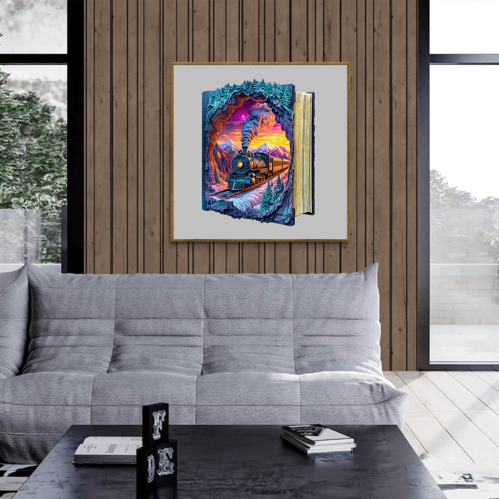 3D Aurora Train puzzle art framed on a wooden wall, showcasing vibrant colors and a scenic train landscape.