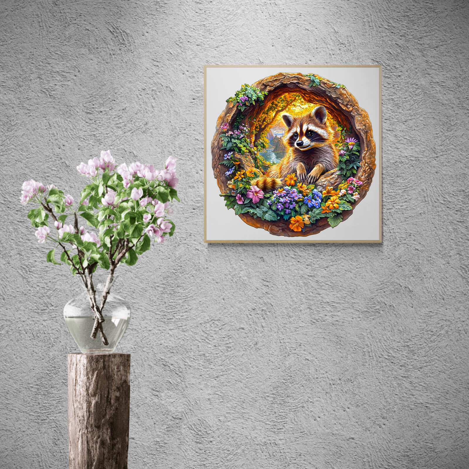 3D raccoon on vacation jigsaw puzzle featuring a charming raccoon framed by colorful flowers and foliage.