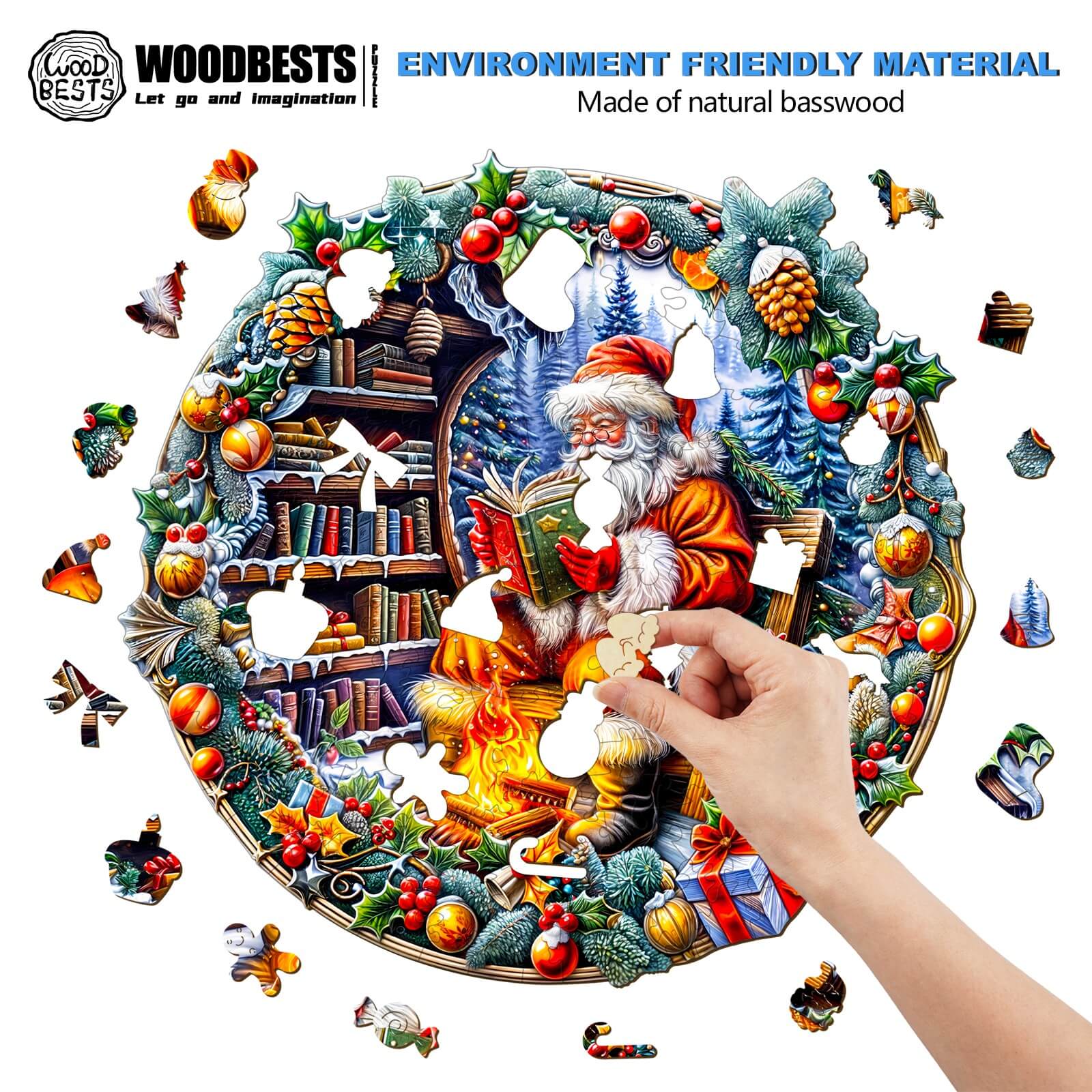 Person assembling Santa's Rest wooden jigsaw puzzle featuring a festive scene with Santa by the fireplace.