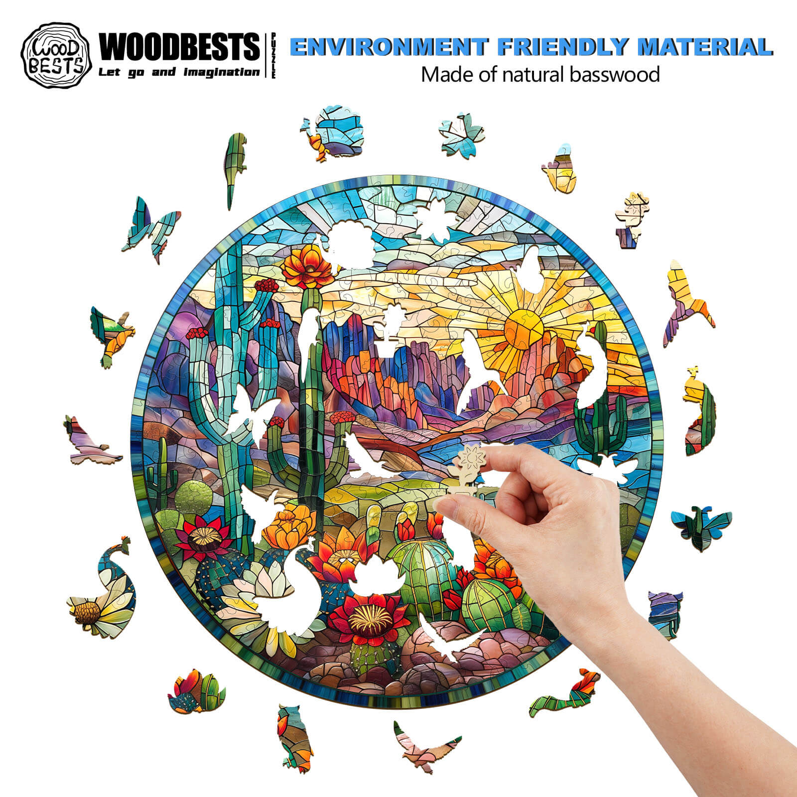 Hand placing a piece into a stained glass cactus wooden jigsaw puzzle, showcasing vibrant colors and natural materials.