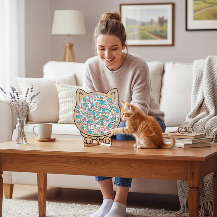 Morandi-Colored Lovely Cat Shaped Wooden Jigsaw Puzzle