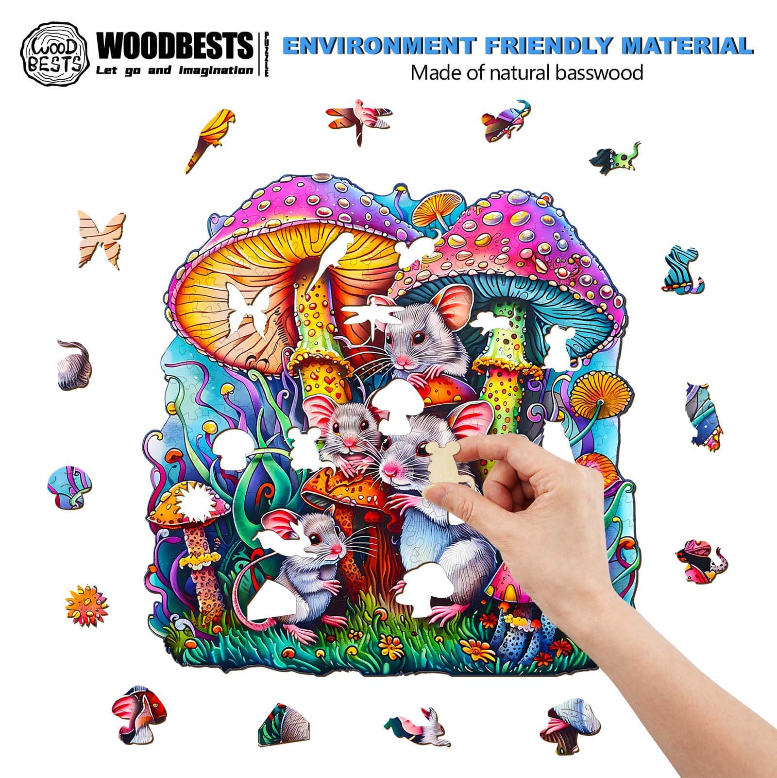 Colorful Mouse Family wooden jigsaw puzzle with vibrant mushrooms and butterflies, made of natural basswood, focusing on eco-friendly materials.