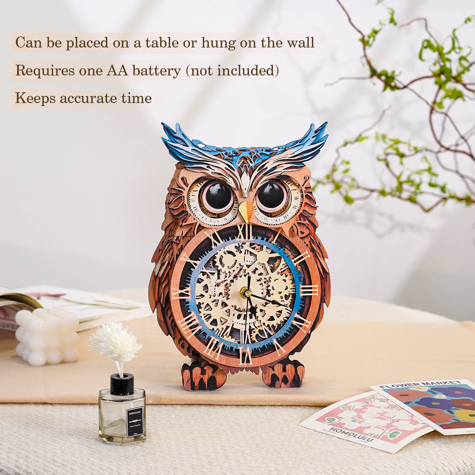 DIY wooden owl clock on table, showcases precision craftsmanship and accurate timekeeping, complete with decorative design.