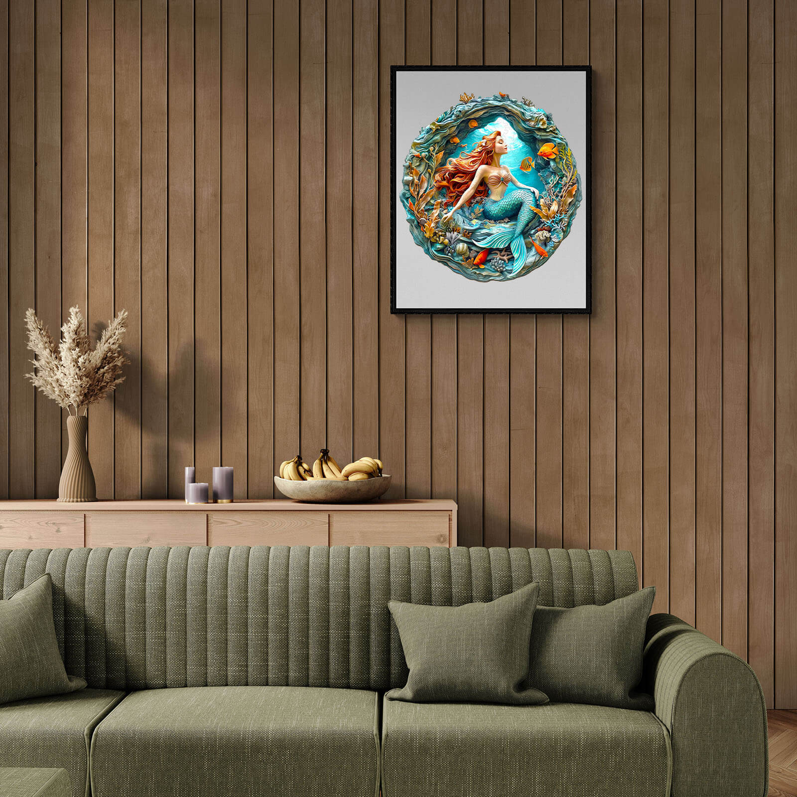 3D Mermaid's Secret Cave wall art featuring a mermaid surrounded by colorful coral in a cozy living room setting.